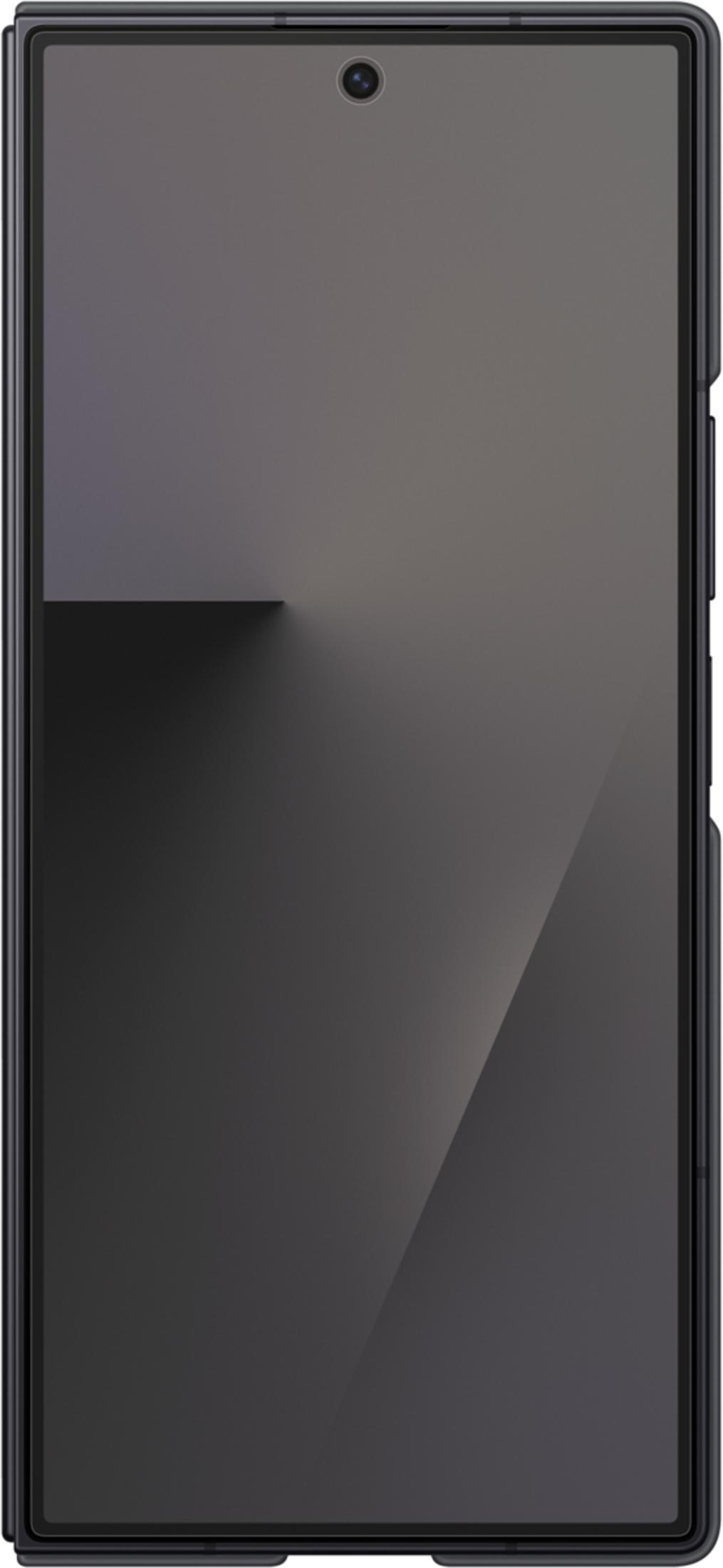Czarny smartfon z pojedynczym aparatem przednim pośrodku u góry.
