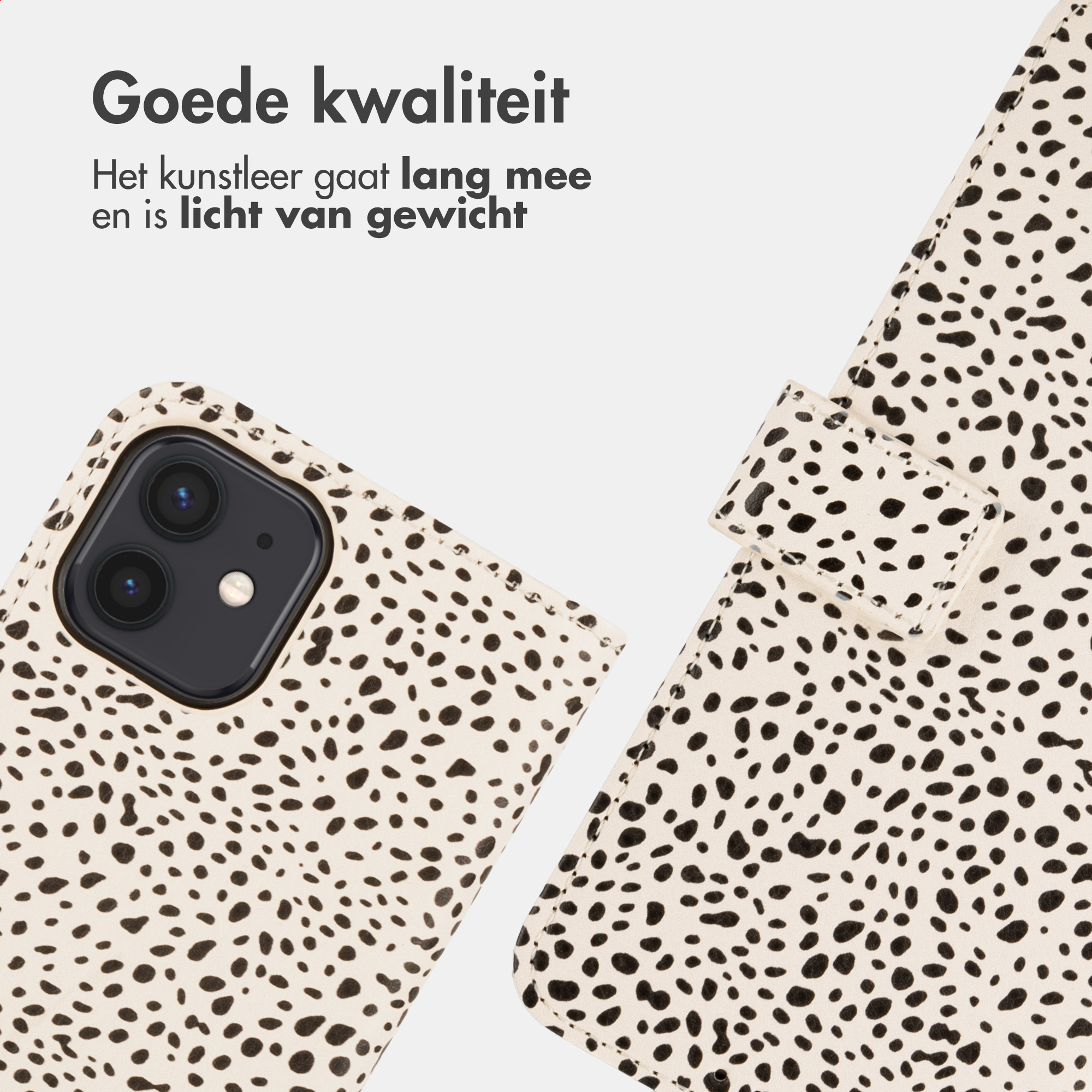 Ein Handy mit schwarzem Fleckenmuster auf hellem Grund, mit zwei Kameralinsen.