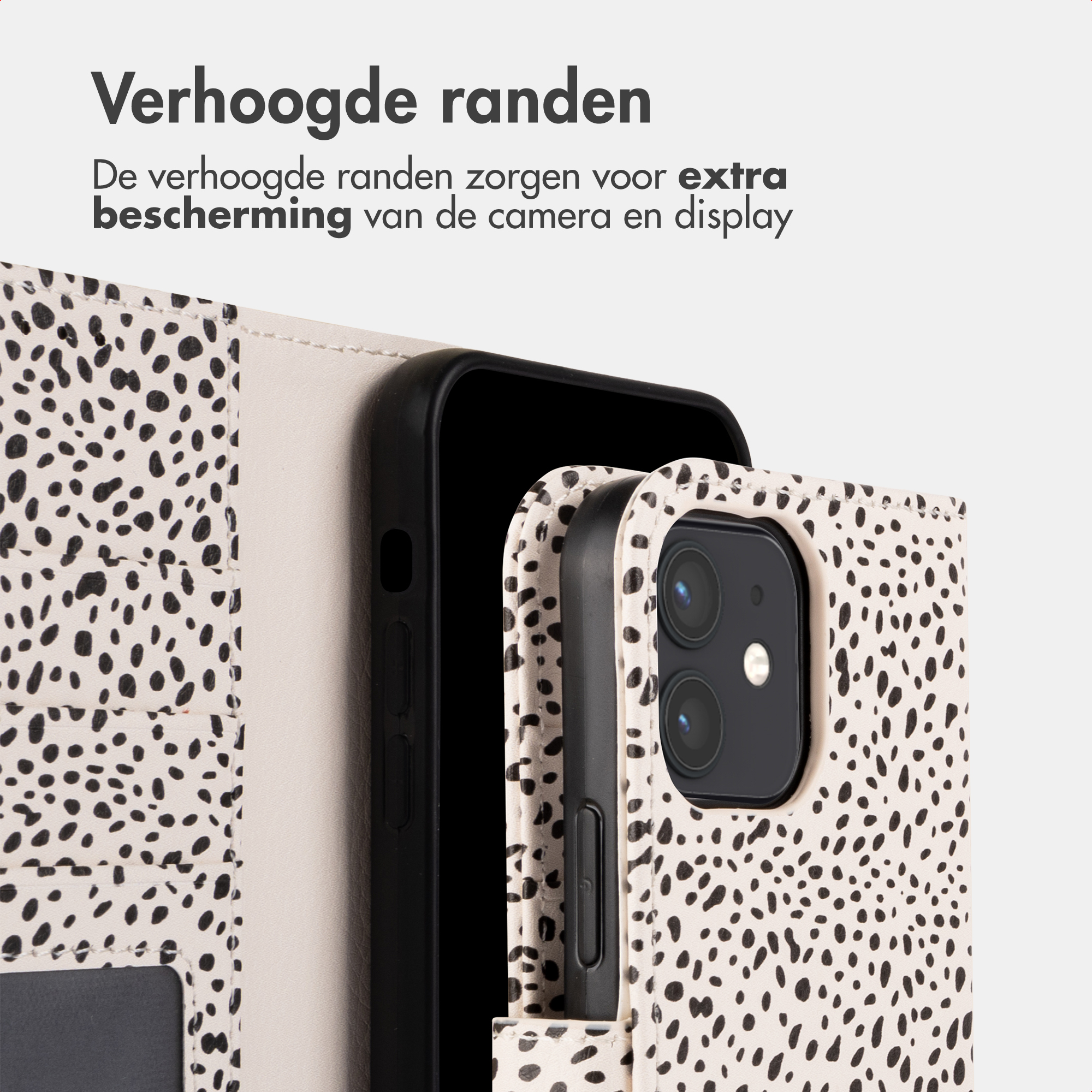 Ein Smartphone mit einem Dalmatiner-Muster-Flip-Case, das die Kamera und das Display schützt.