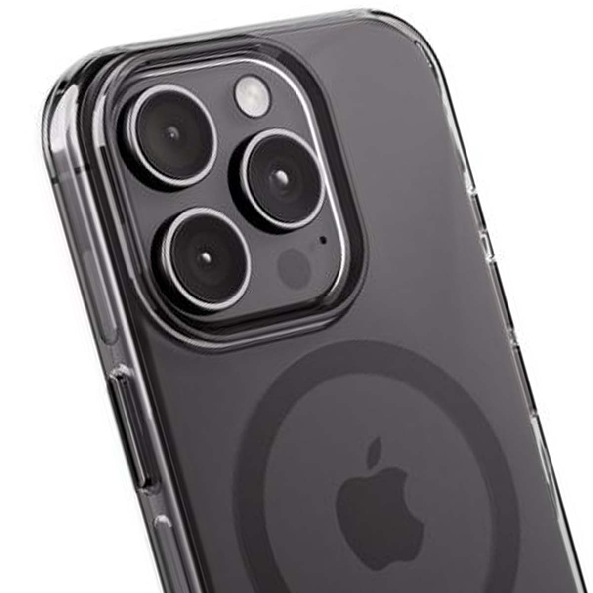 Custodia trasparente per telefono con tre obiettivi e logo Apple.