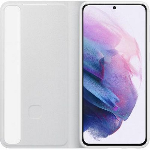 Coque de téléphone blanche ouverte, montrant l'écran d'un smartphone avec un fond abstrait coloré.