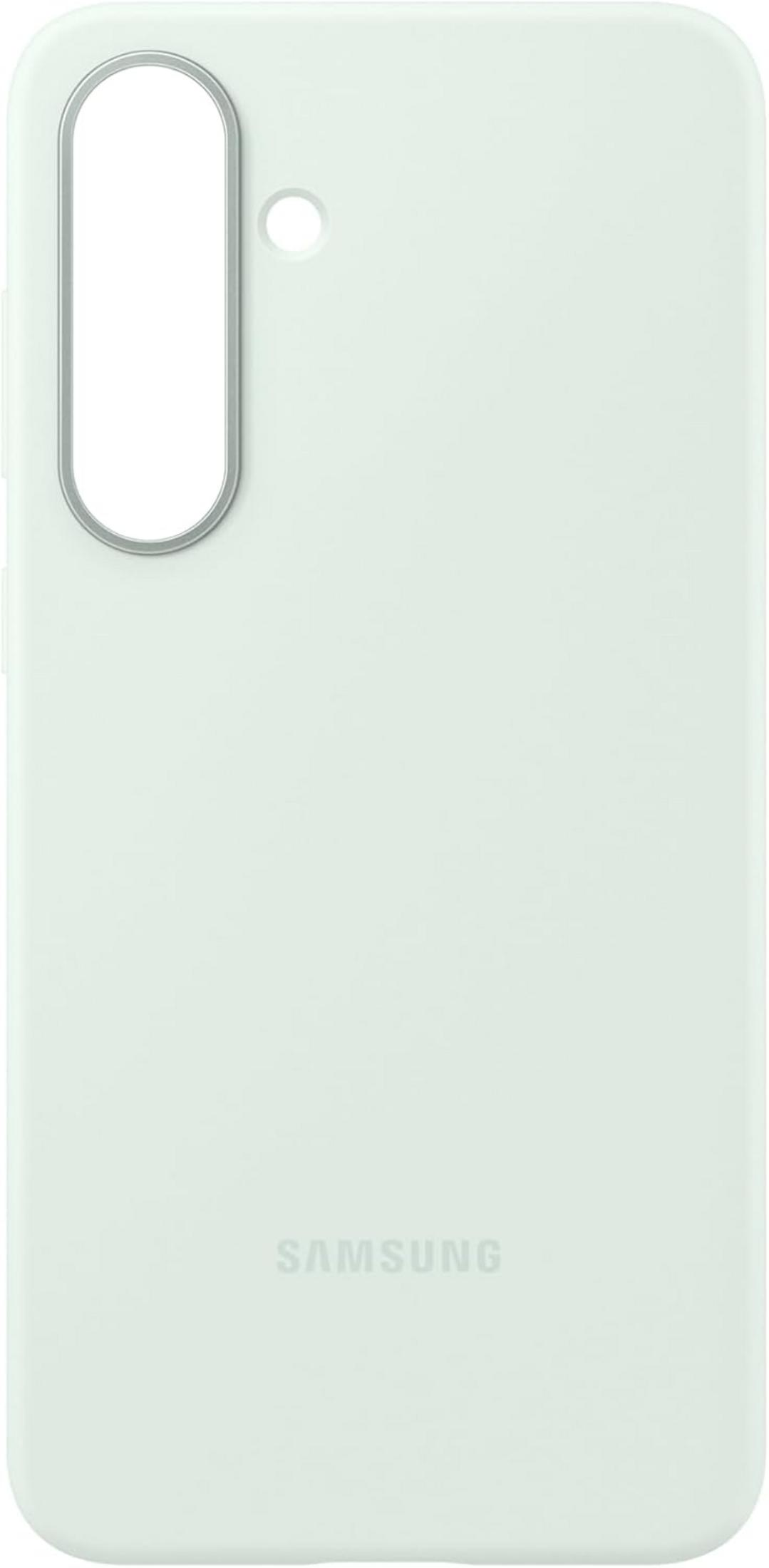 Une coque de téléphone vert clair avec découpe pour appareil photo et logo Samsung.