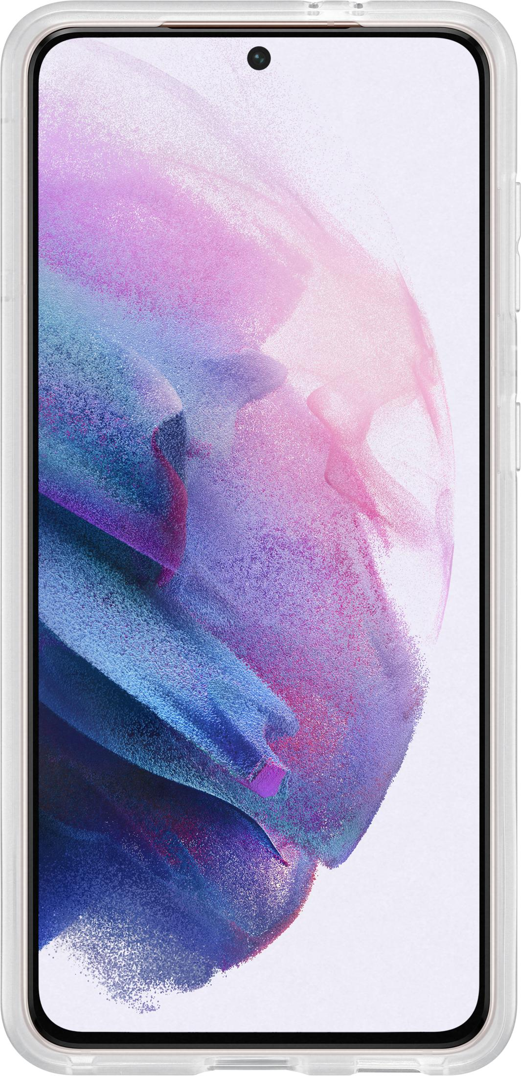 Uno smartphone con uno sfondo astratto e colorato nei toni del blu e del rosa.