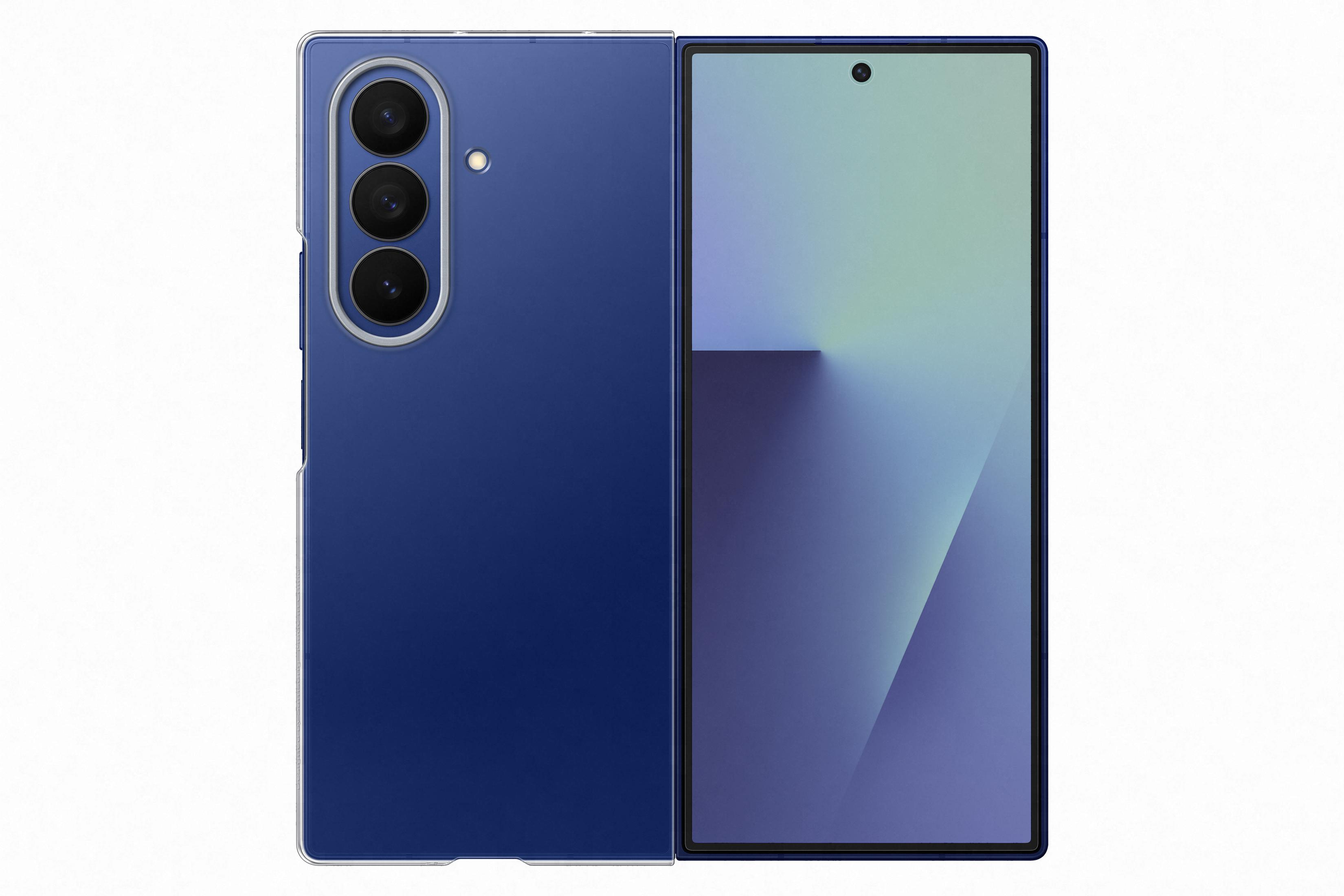 Uno smartphone blu con tre fotocamere posteriori e uno schermo. Sfondo bianco.