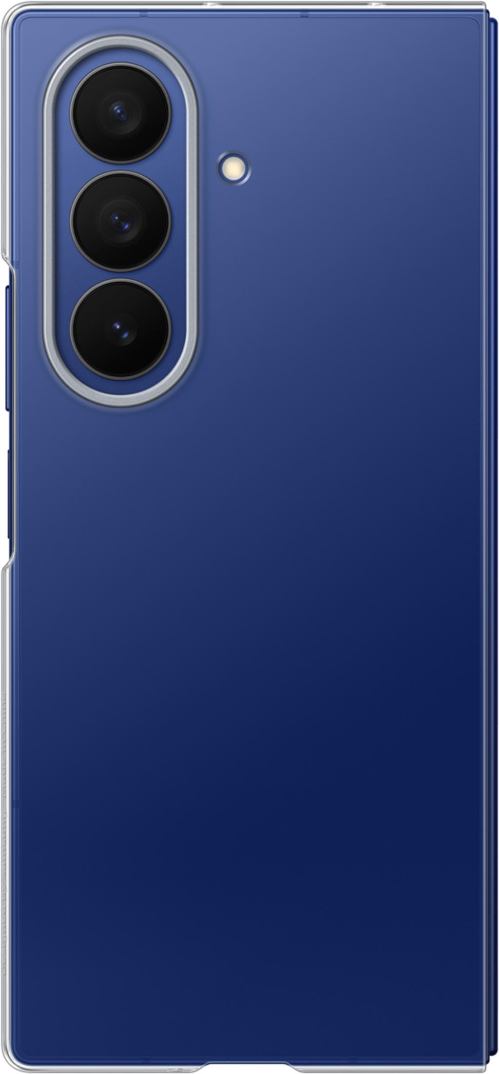 Custodia blu per telefono con tre obiettivi e flash.