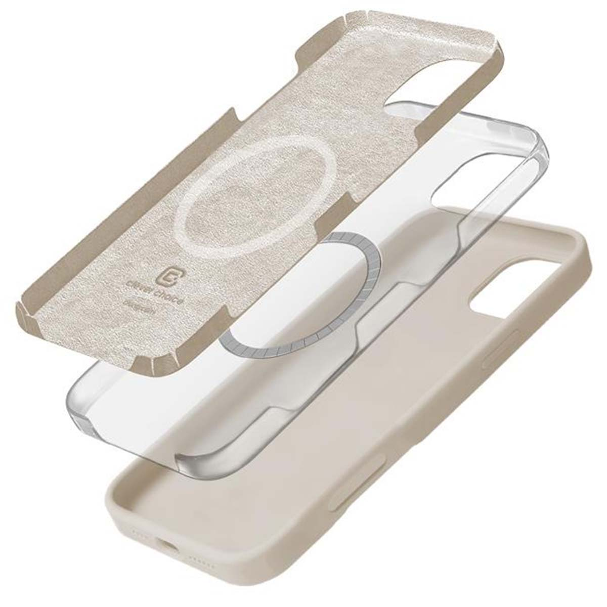 Tre custodie per iPhone sovrapposte: beige, trasparenti e beige con anello magnetico.