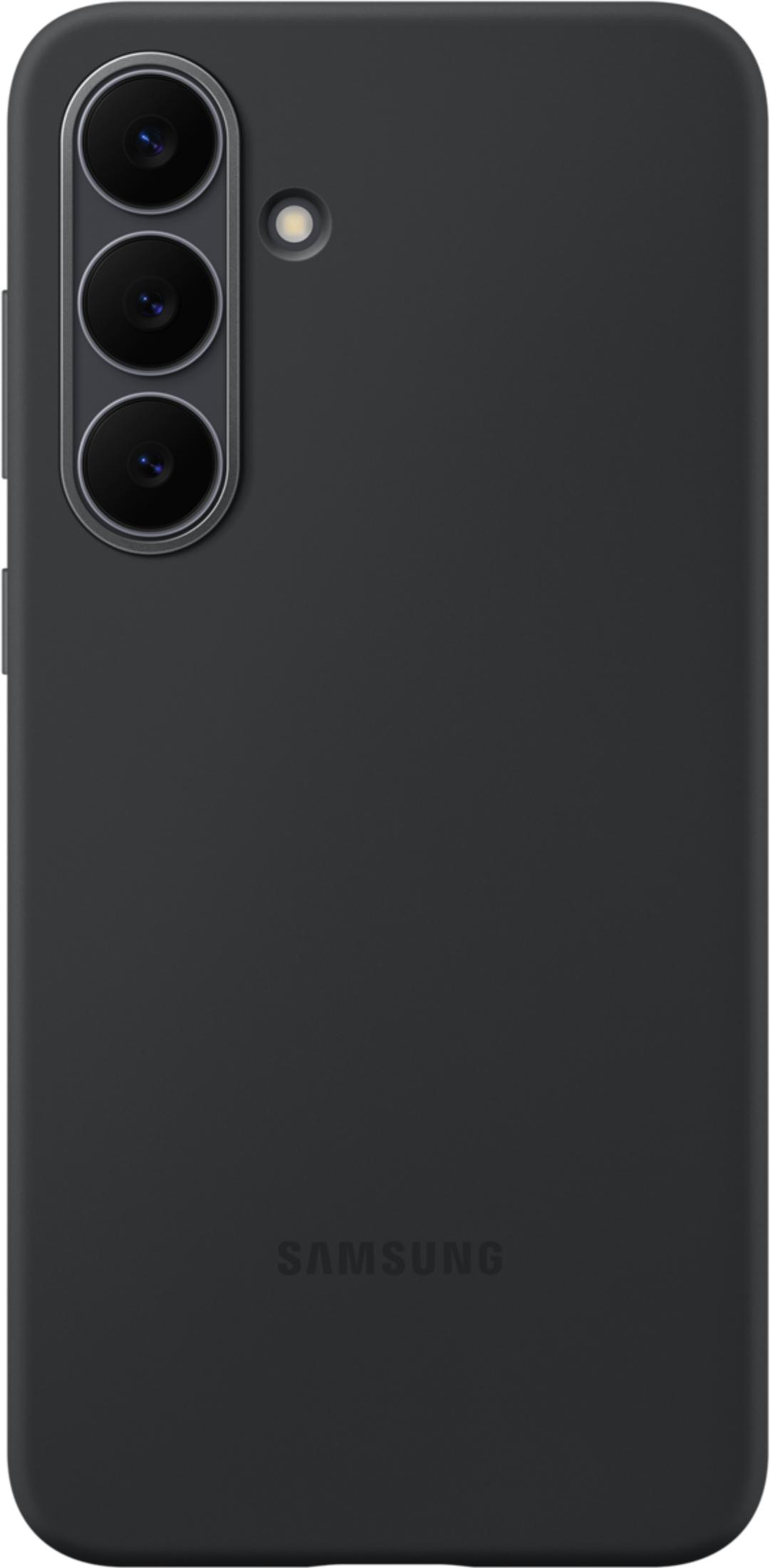 Custodia nera per telefono con tripla fotocamera e flash. Logo Samsung in basso.