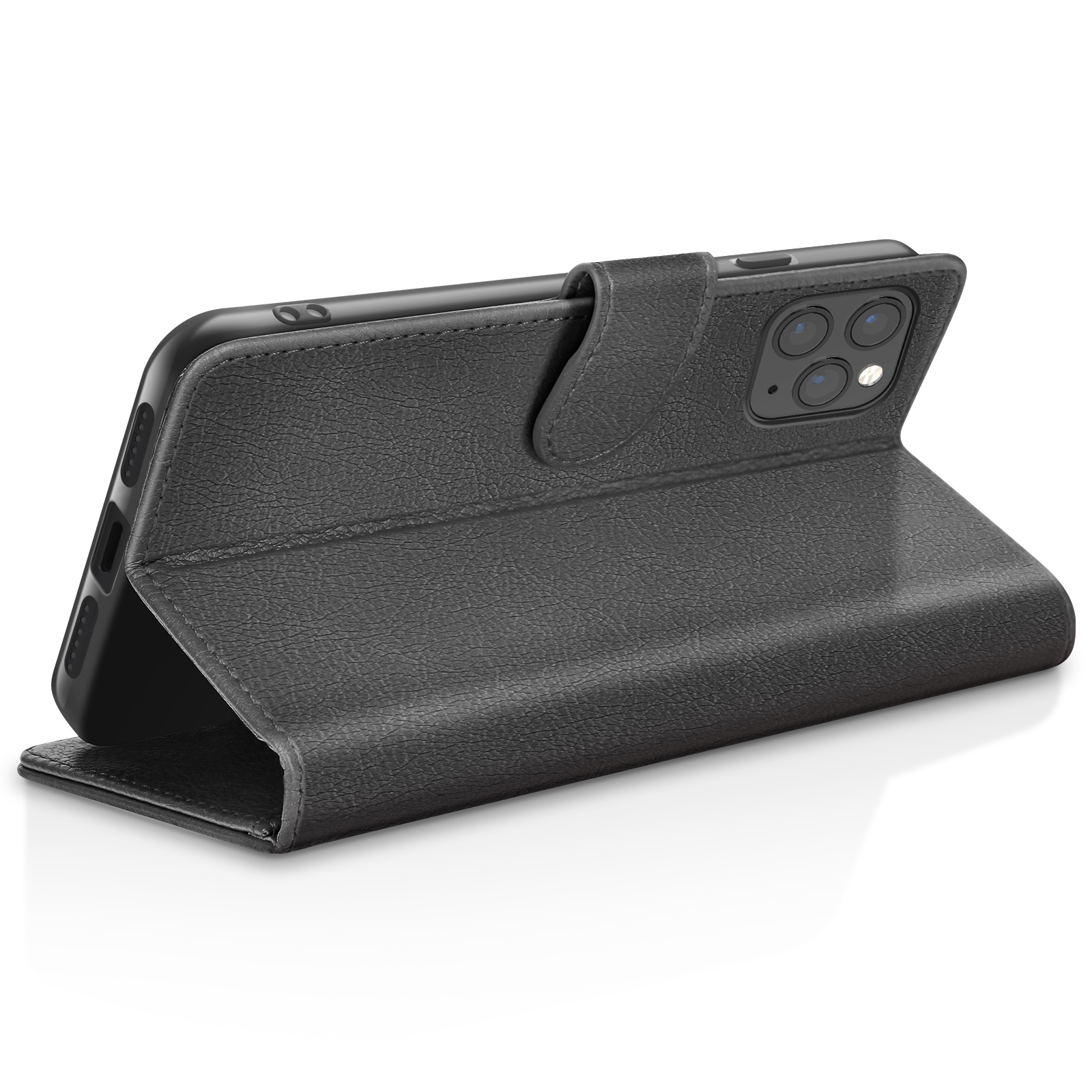 Una custodia a libro in pelle nera per smartphone, aperta.