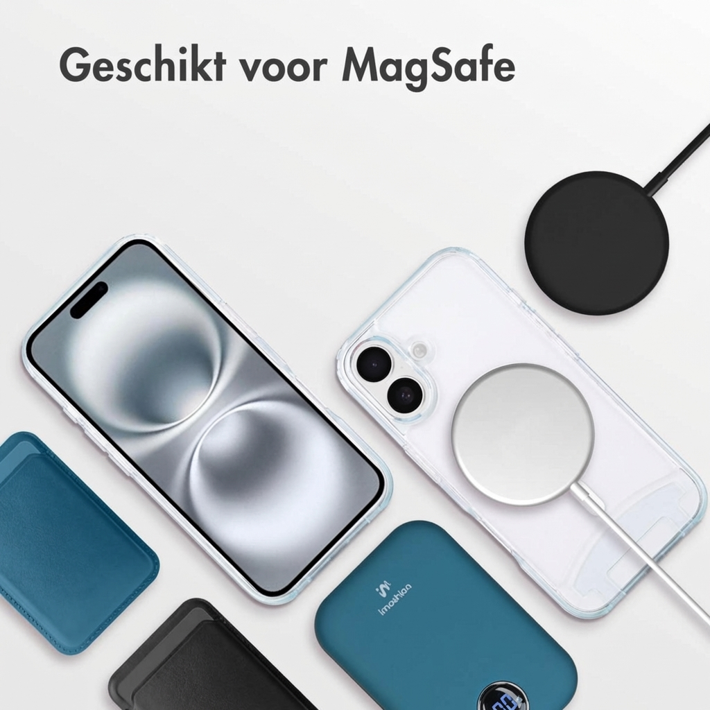 Accessori MagSafe: iPhone, custodie, power bank e caricabatterie su sfondo bianco.
