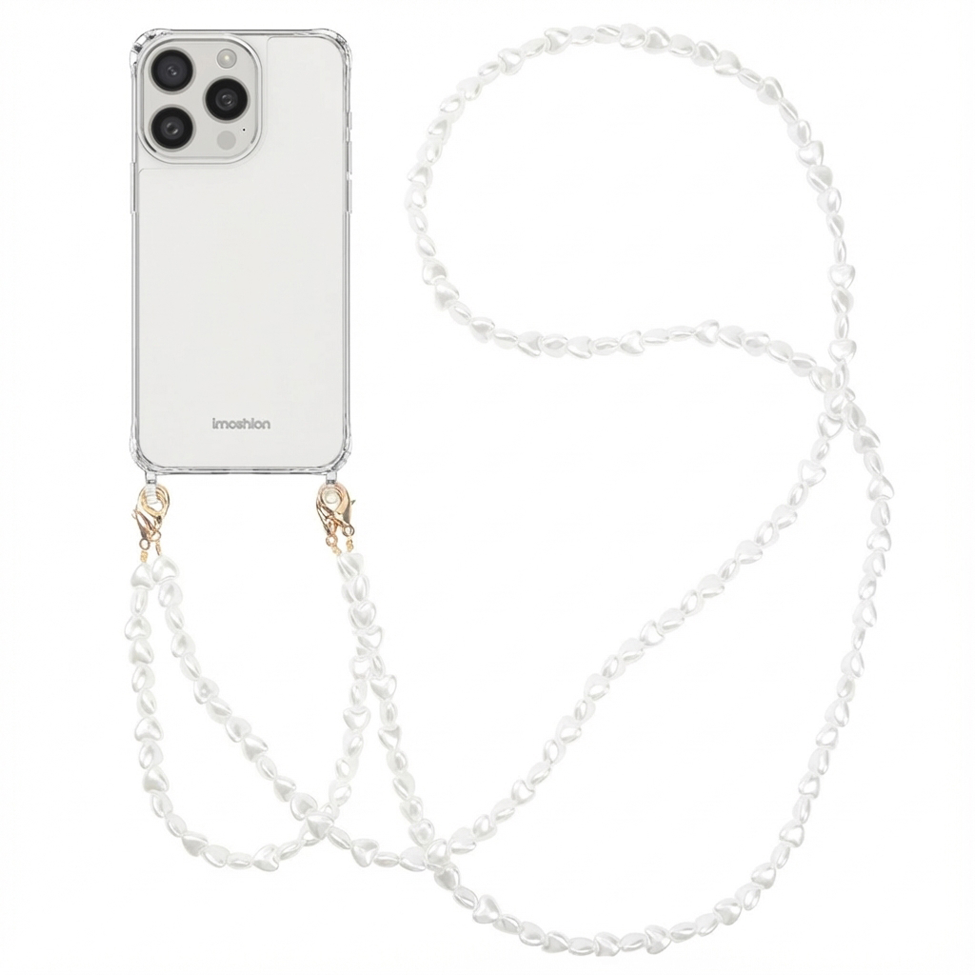 Una cover trasparente per telefono con un cinturino di perle a forma di cuore.