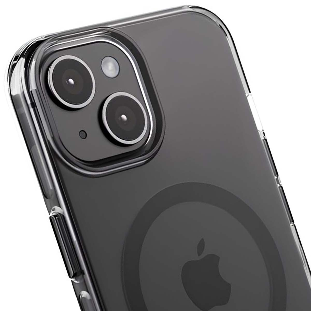 Primo piano di una cover trasparente per telefono che mostra doppie fotocamere posteriori e il logo Apple.