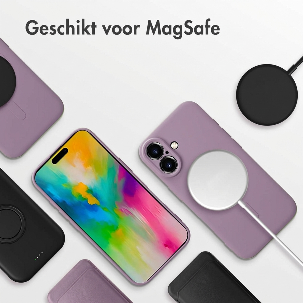 Cover viola per telefono e uno smartphone con schermo colorato su sfondo bianco.