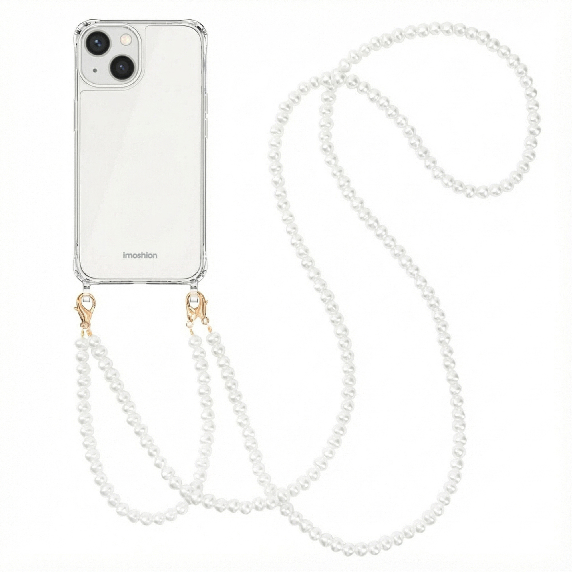 Custodia trasparente per telefono con cinturino di perle.