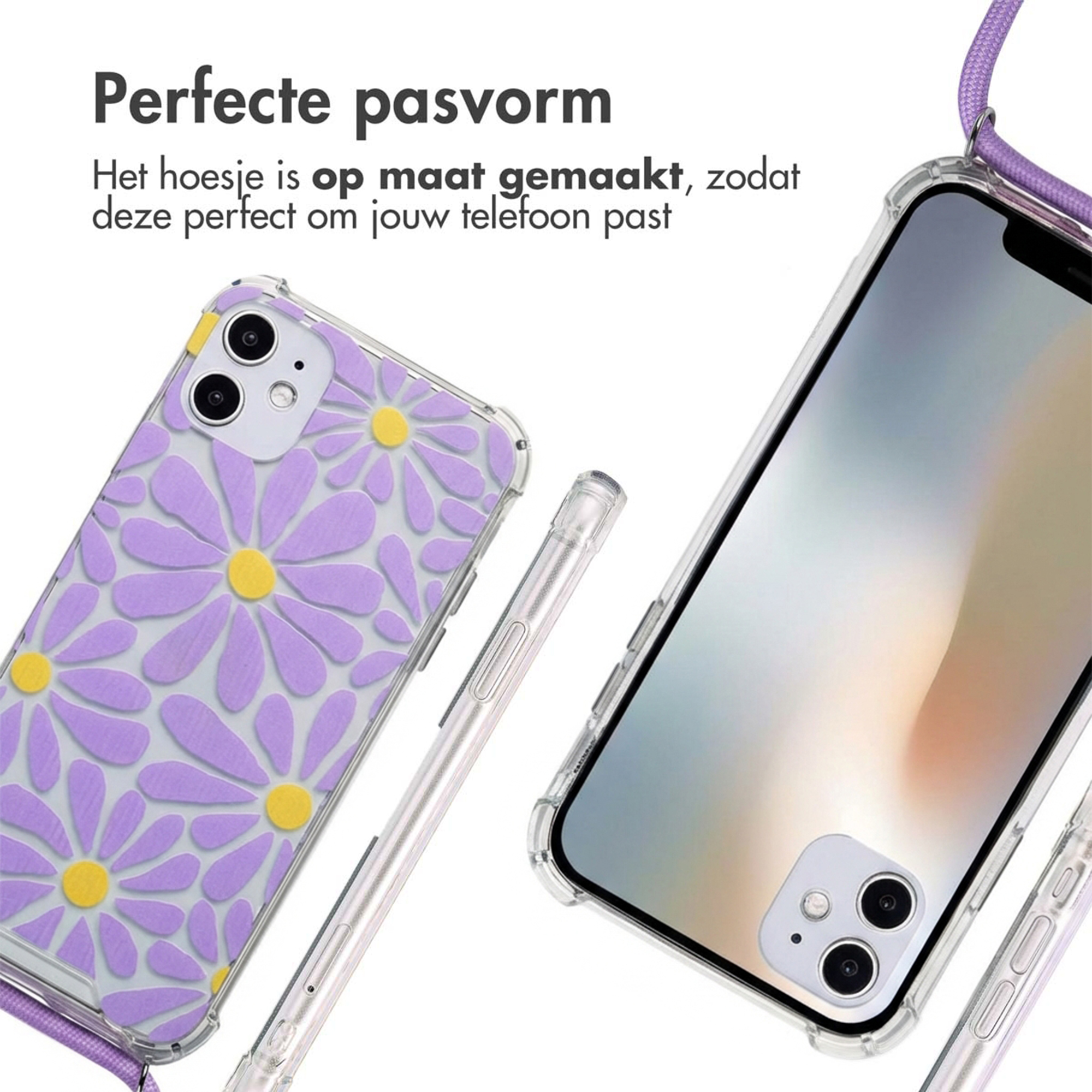 Due iPhone con custodie. Una con motivo floreale viola, una con cordino.