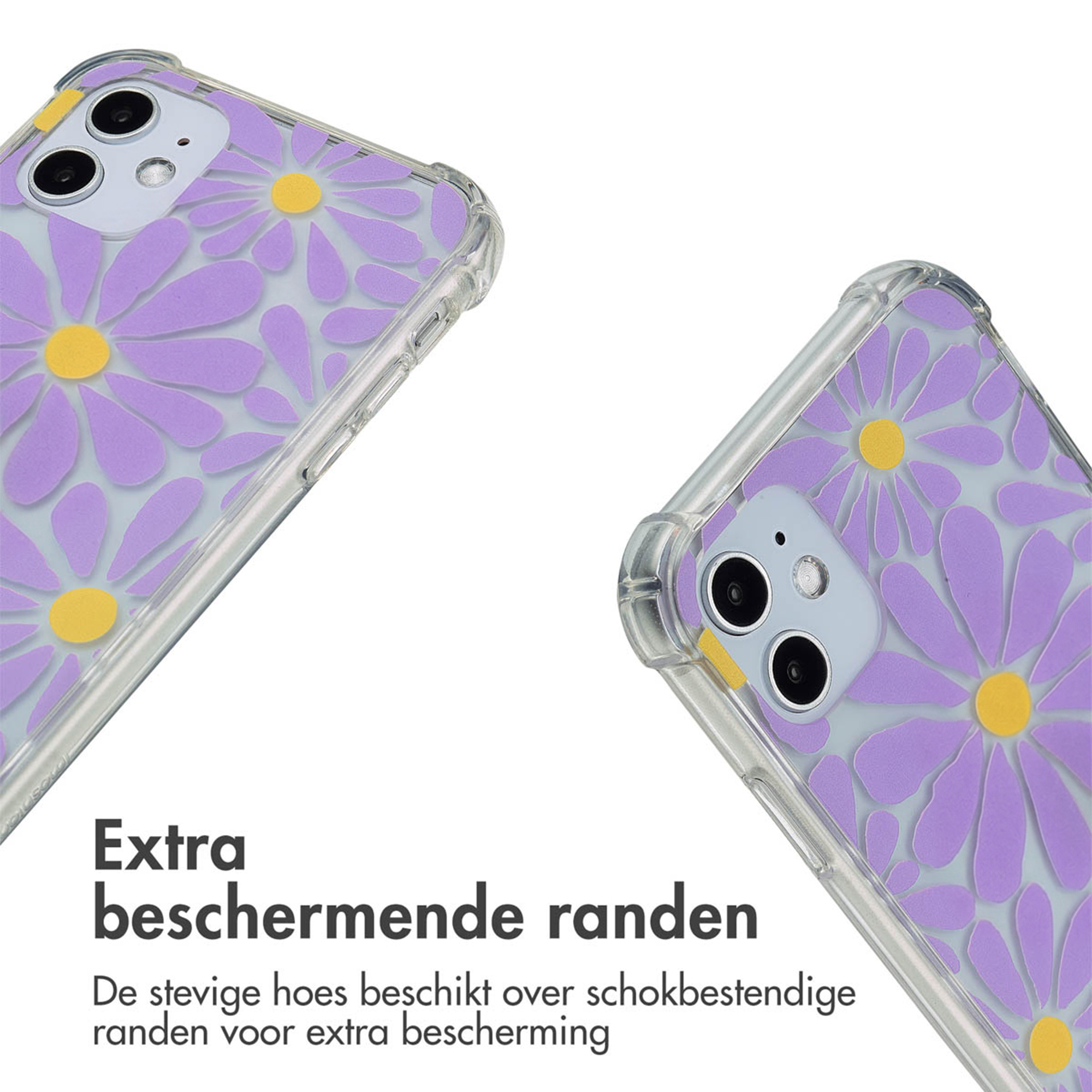 Una custodia trasparente per telefono con motivo a margherite viola e centri gialli.