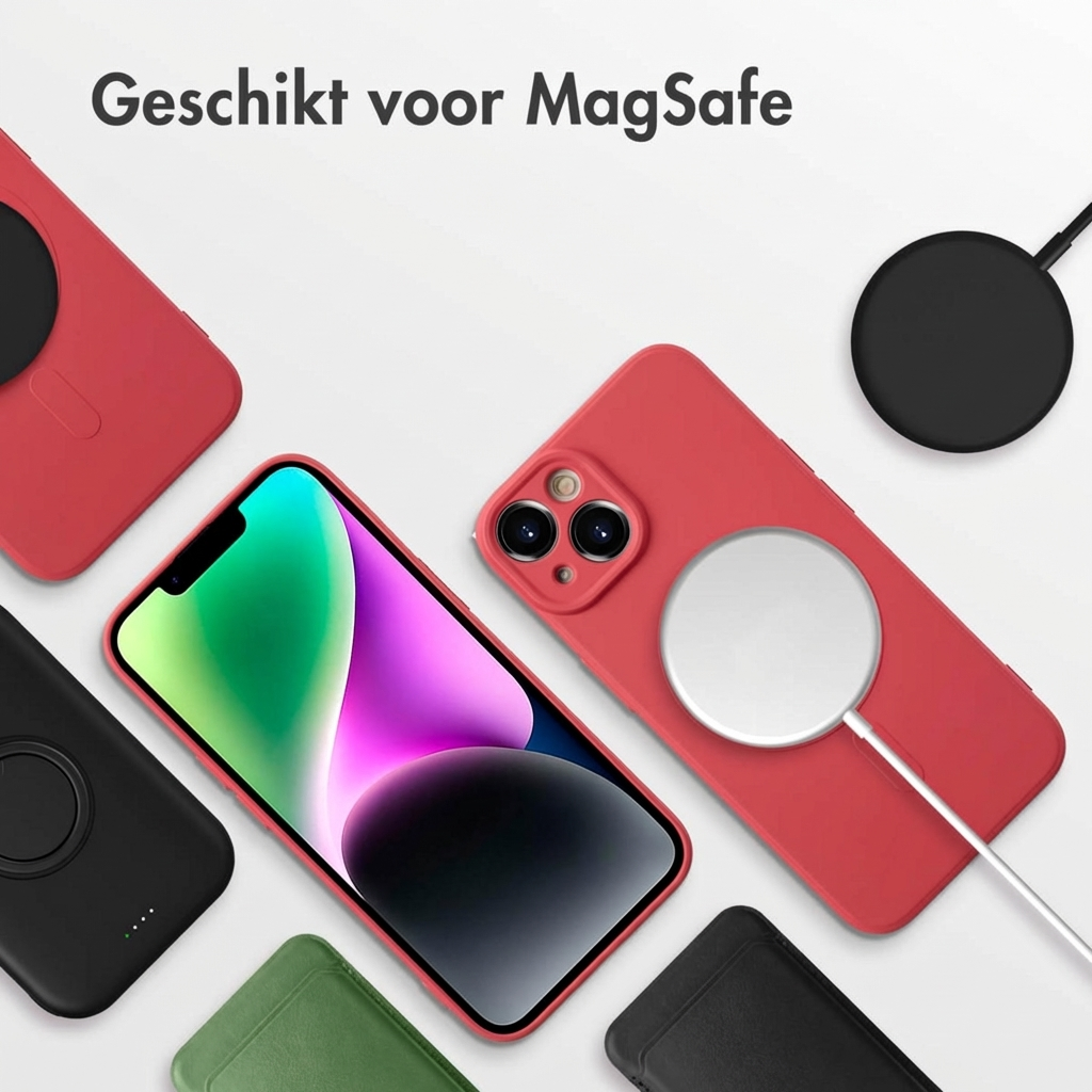 Cover rosse e nere con iPhone e caricabatterie MagSafe.