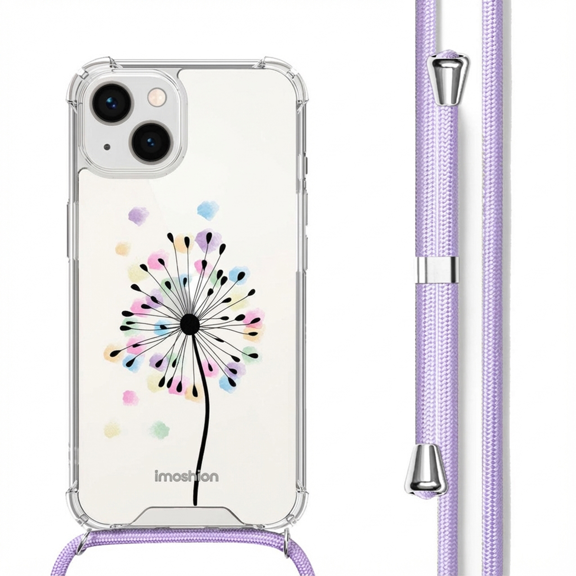 Custodia trasparente per iPhone con disegno di soffione e laccetto lavanda.