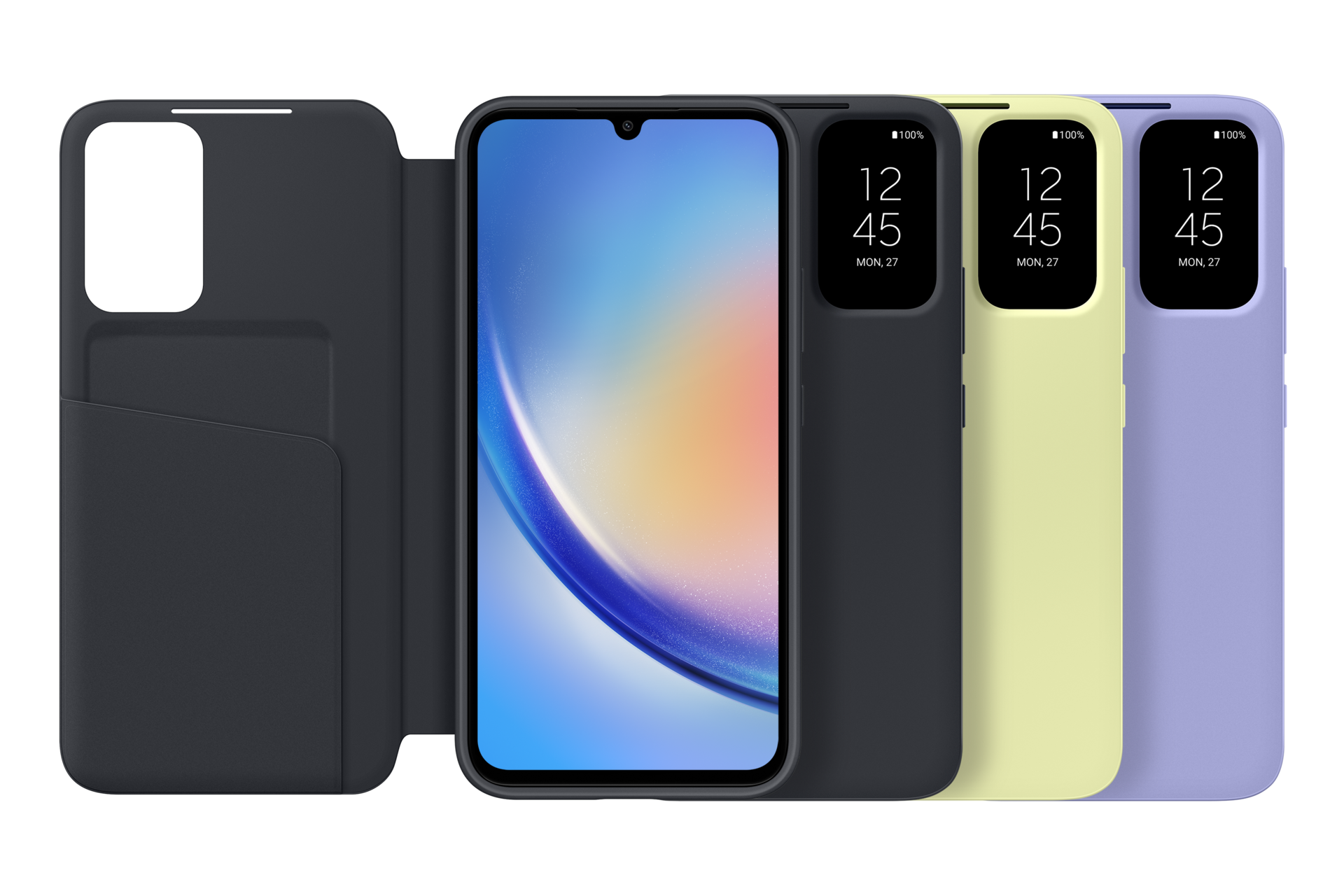 Een telefoon met een flipcase en drie kleurrijke hoesjes in geel, paars en donkergrijs.