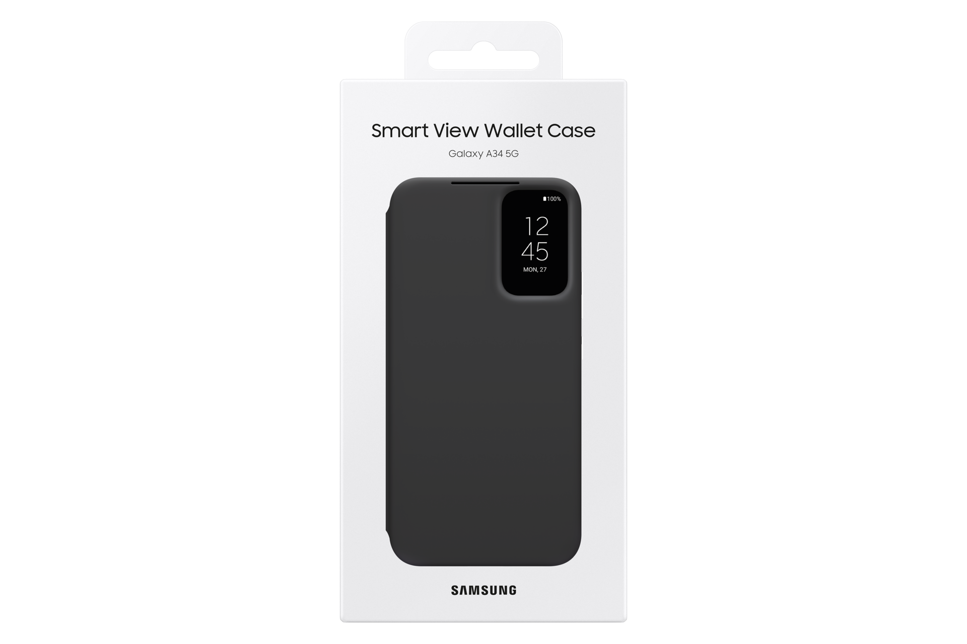 Zwarte Samsung Smart View Wallet Case voor Galaxy A34 5G op witte verpakking.