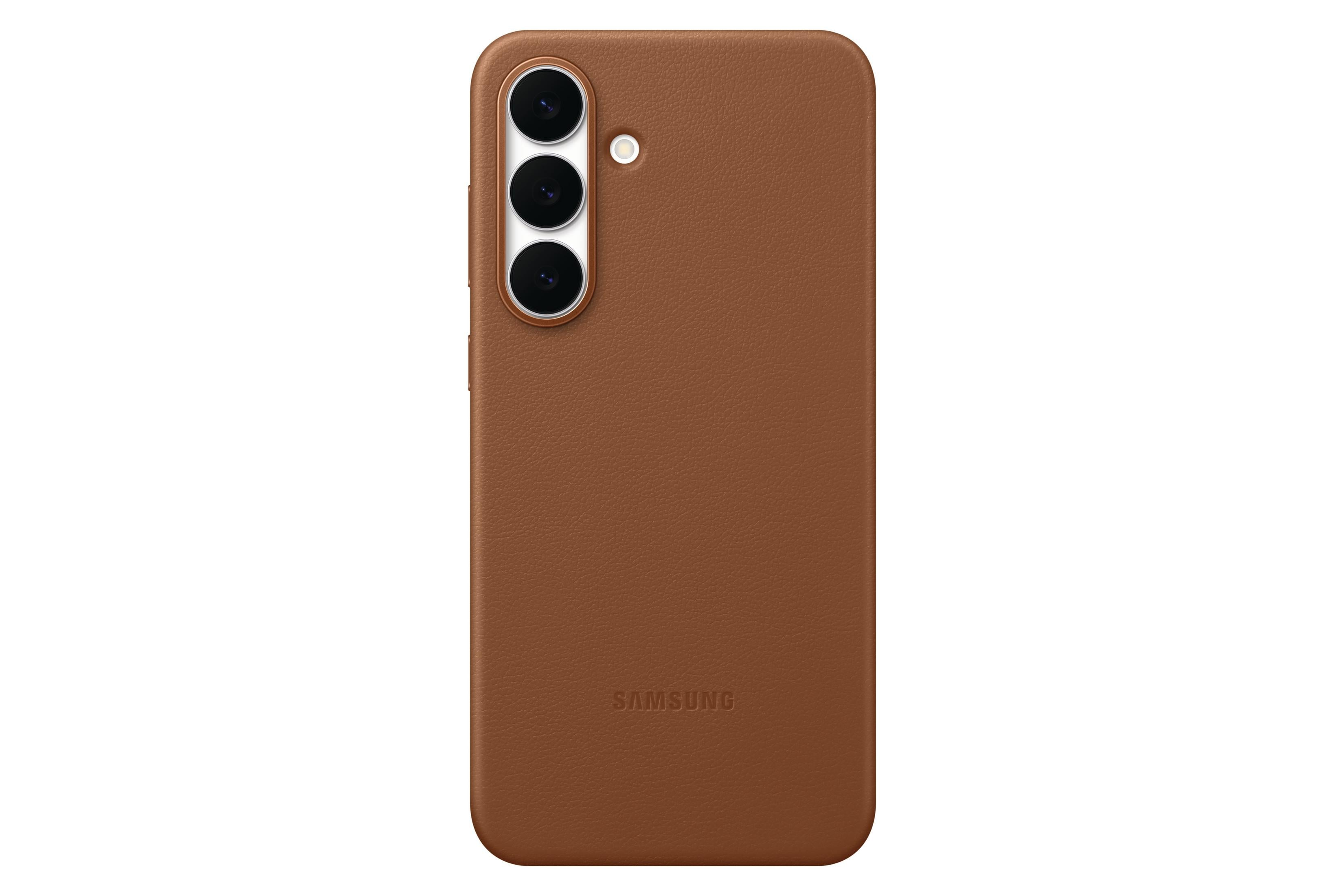 Braune Handyhülle mit drei Kameras und Samsung-Logo.