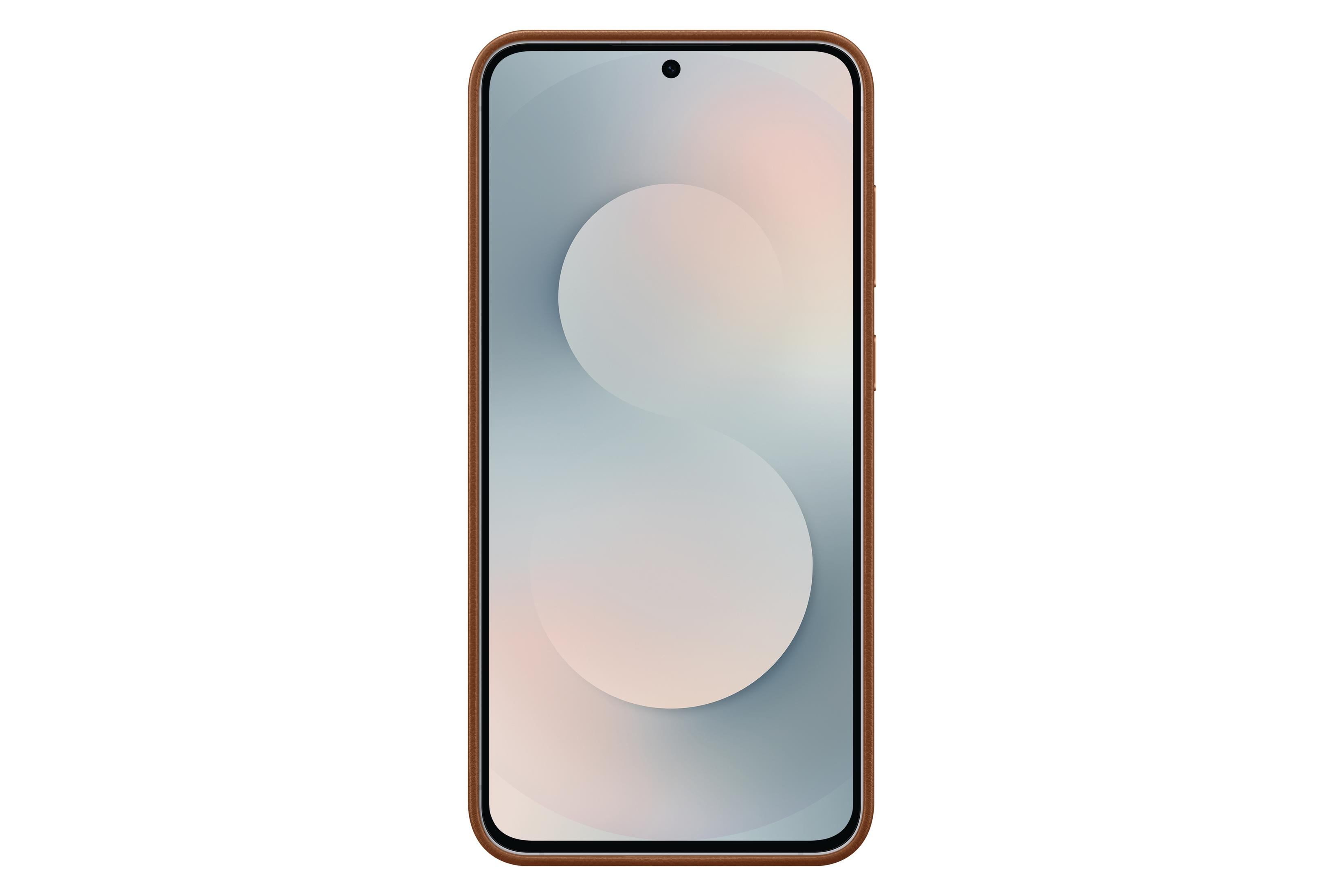 Ein Smartphone mit braunem Rand und abstraktem Hintergrund auf dem Bildschirm.