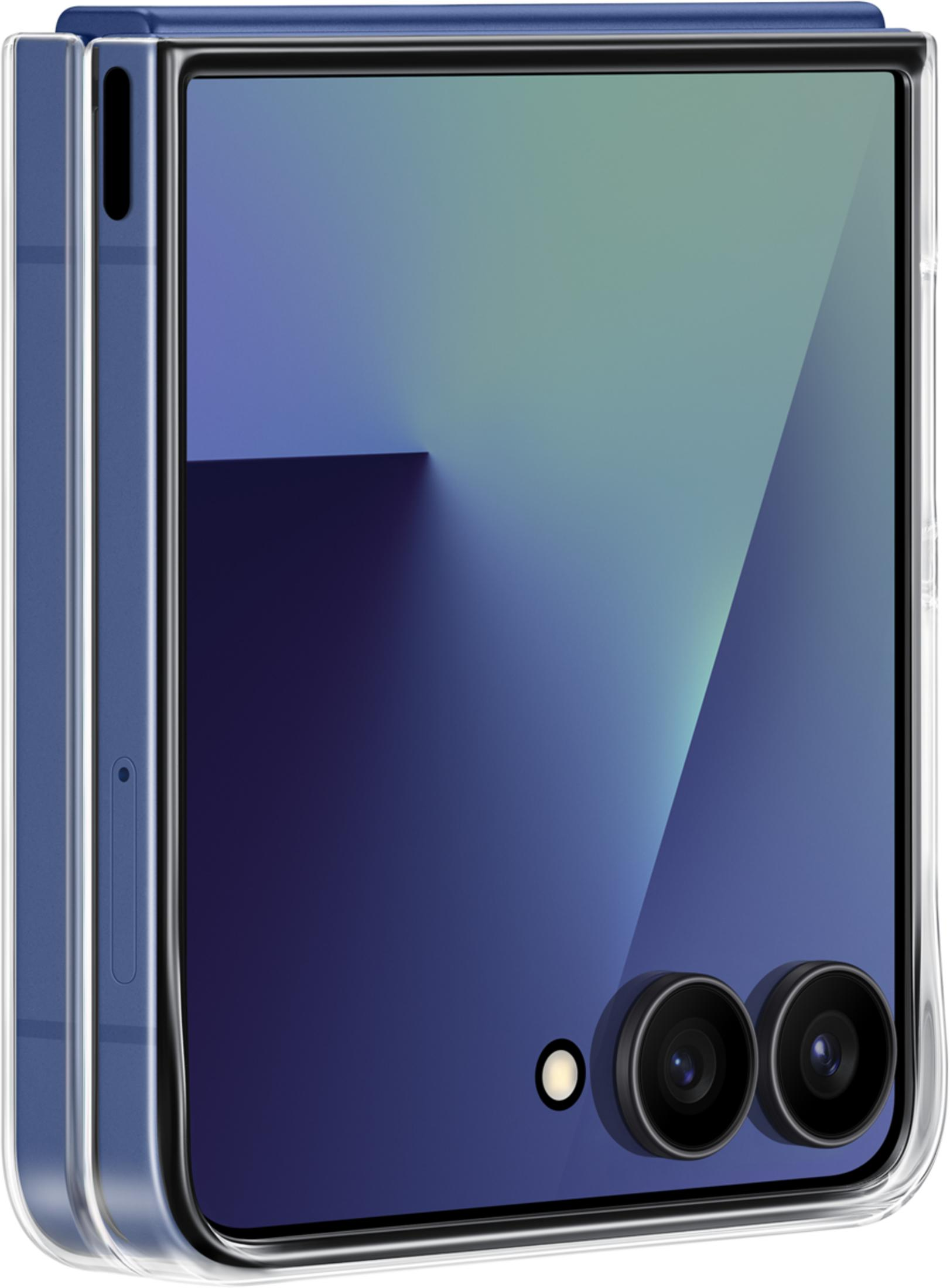 Un smartphone azul en funda transparente, con dos cámaras y un flash.