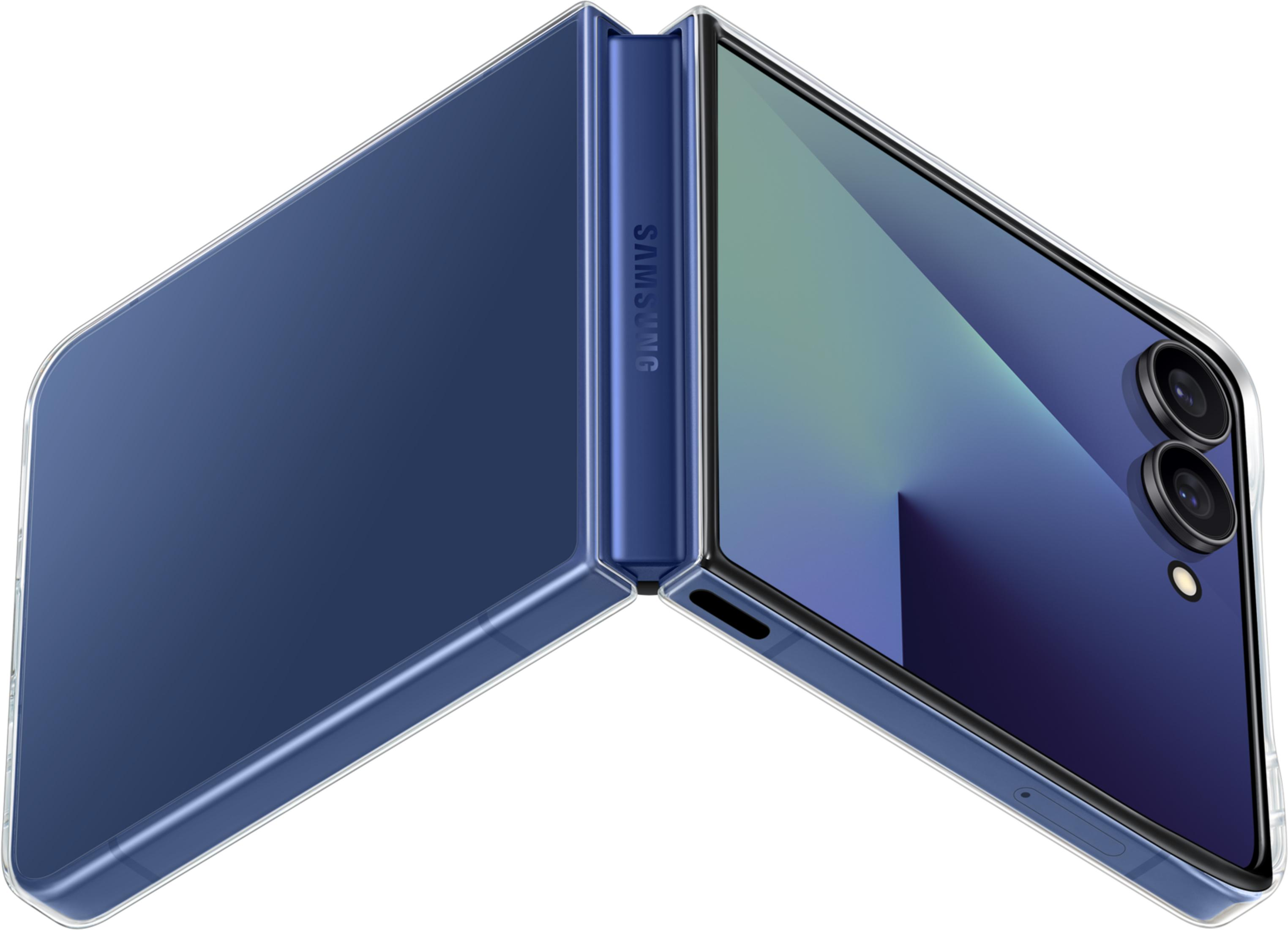 Un cuerpo de teléfono Samsung plegable azul doblado por la mitad.