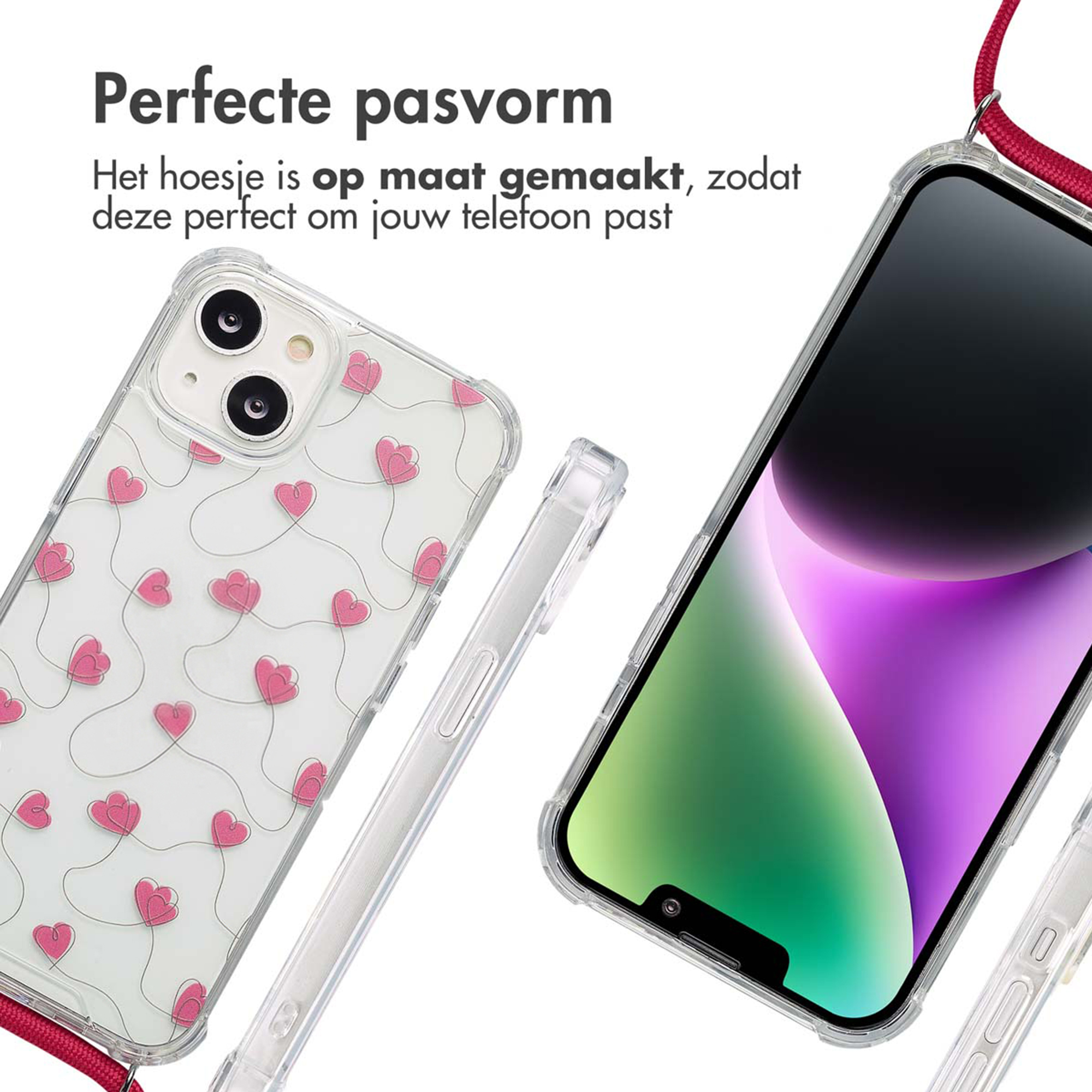 Coque de téléphone transparente avec cœurs roses et cordon rouge.