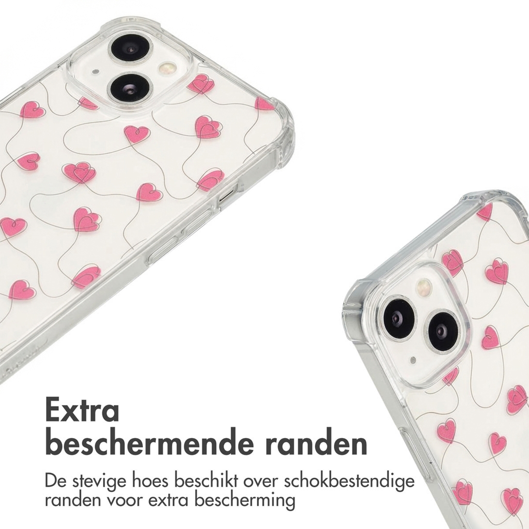 Coque transparente avec motif cœur rose et bords renforcés.