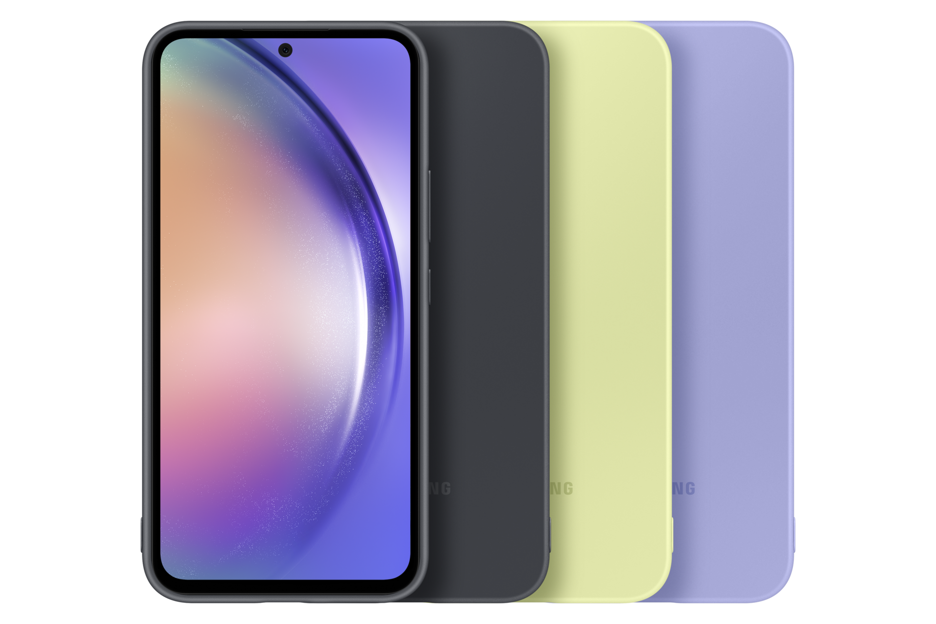 Vier Smartphones nebeneinander, eines mit bunten Bildschirm, drei mit dunklen Rückseiten.