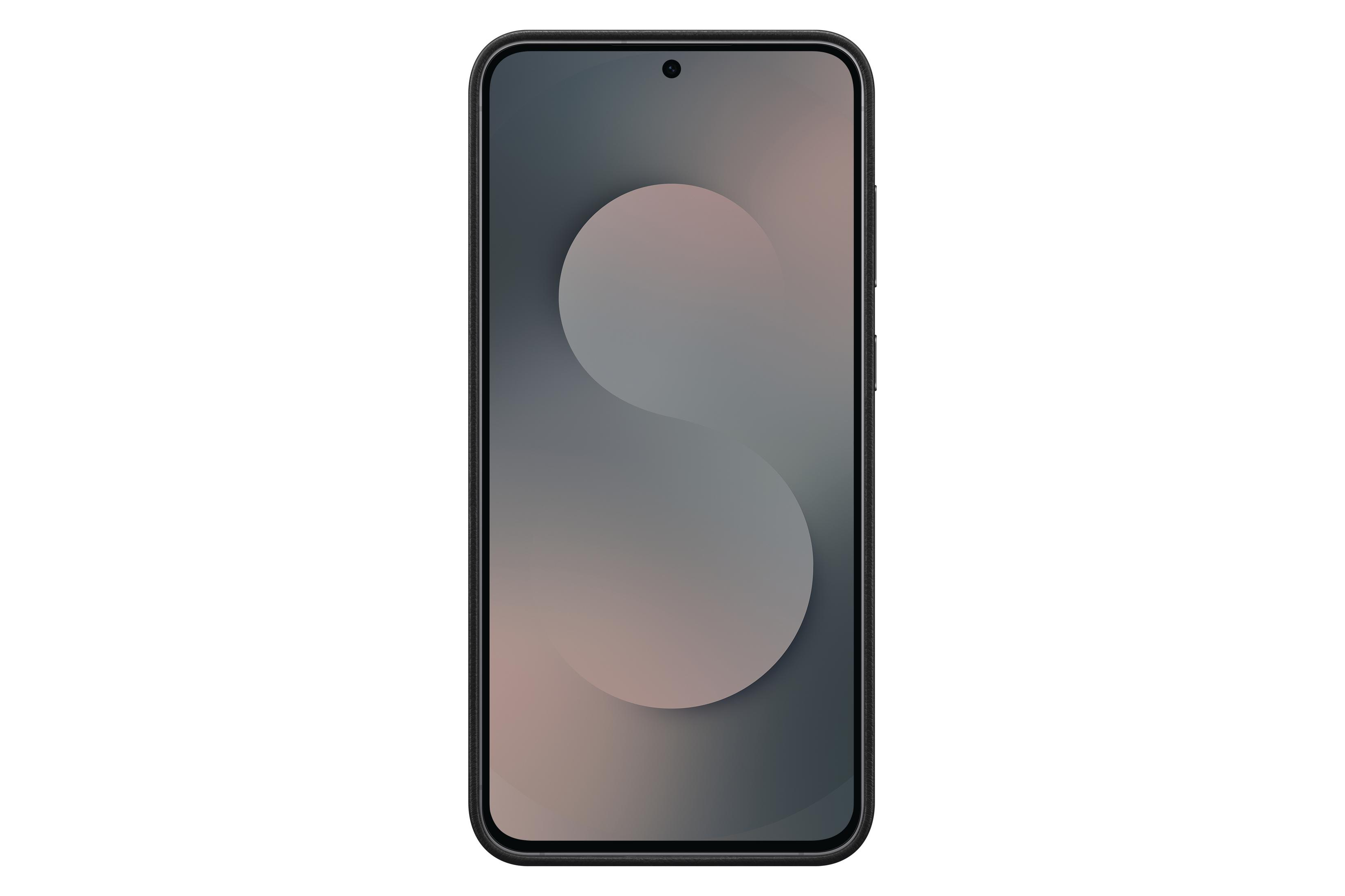 Ein schwarzes Smartphone mit einem abstrakten, grauen Hintergrundbild.