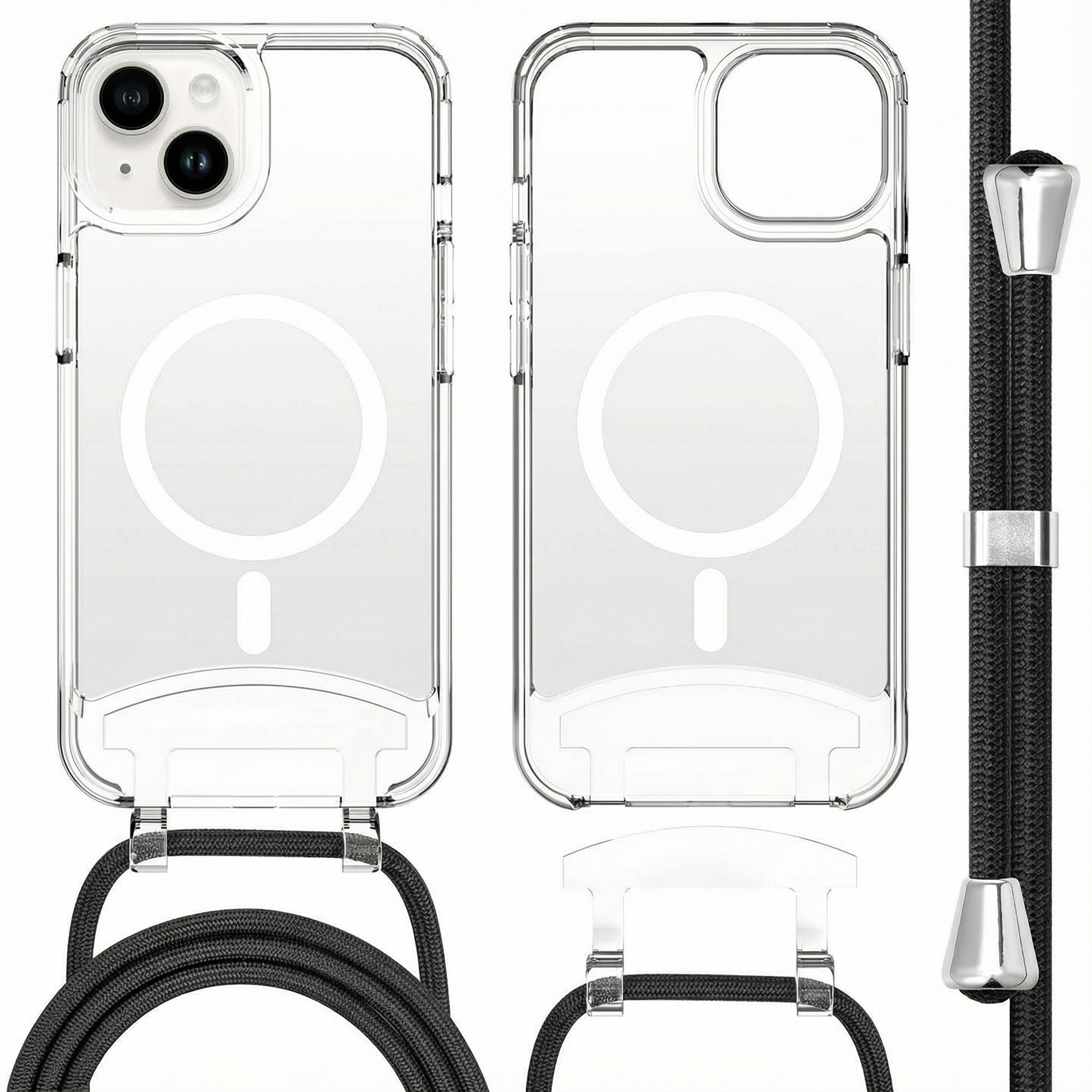 Due custodie trasparenti per telefono affiancate con fotocamere e anello.