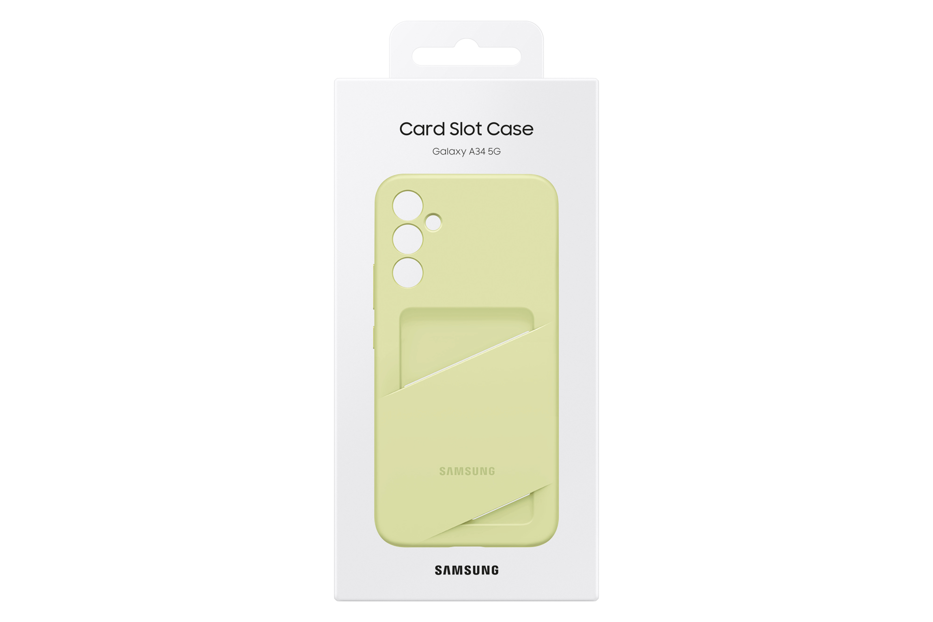 Embalaje de una funda amarilla Samsung con ranura para tarjetas para Galaxy A34 5G.