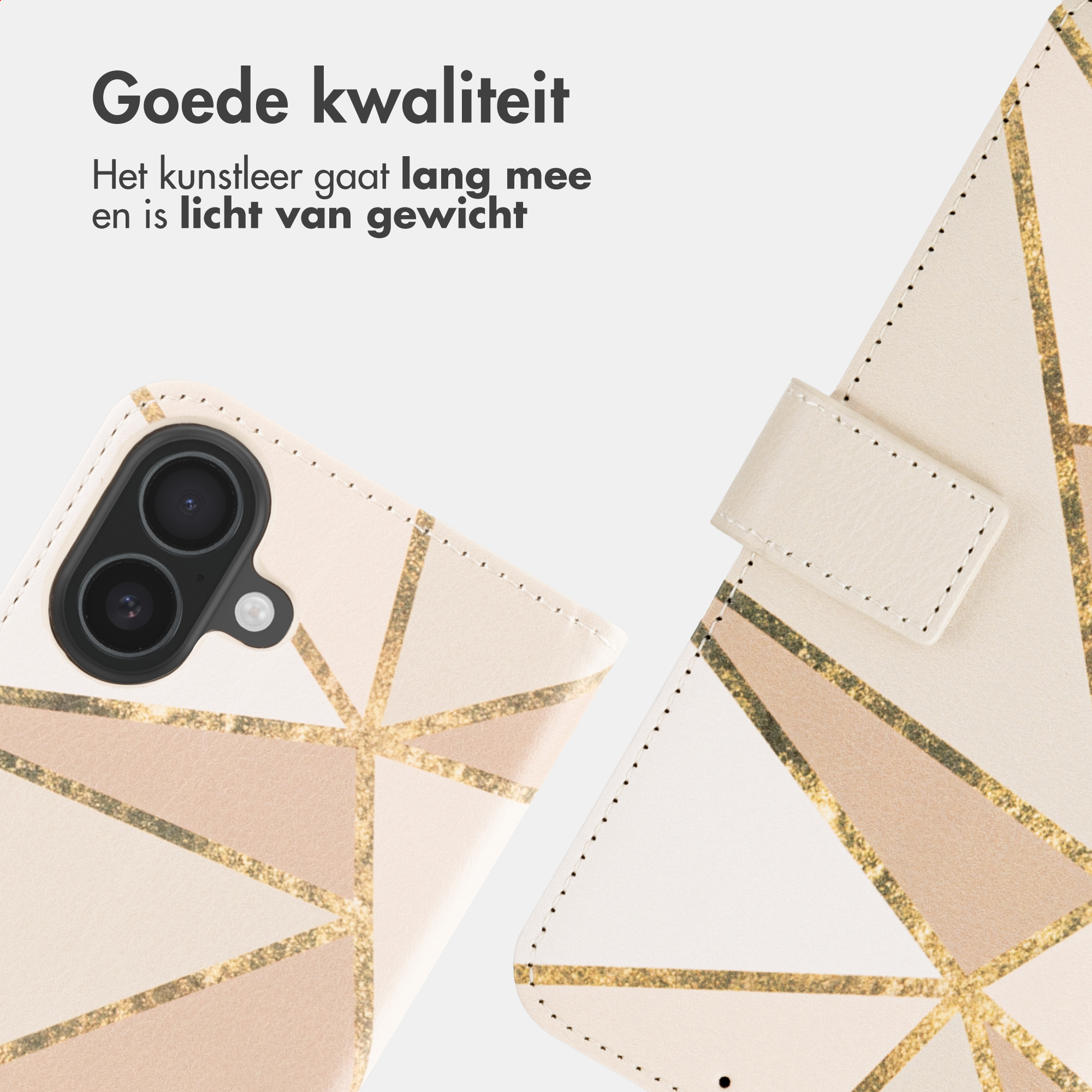 Una custodia per telefono con motivo geometrico beige e oro, con modulo fotocamera.