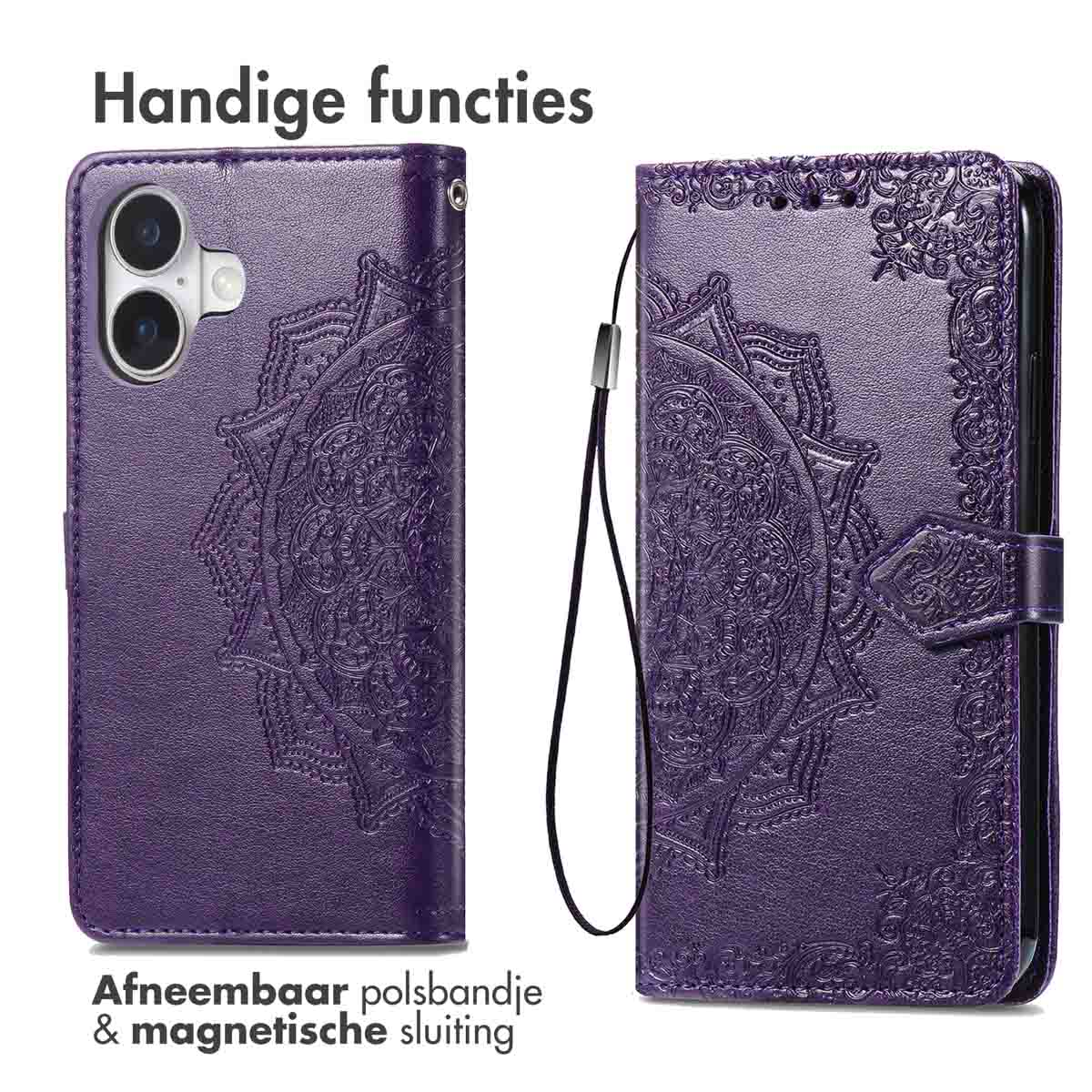 Custodia viola per telefono con mandala in rilievo, cinturino staccabile e chiusura magnetica.