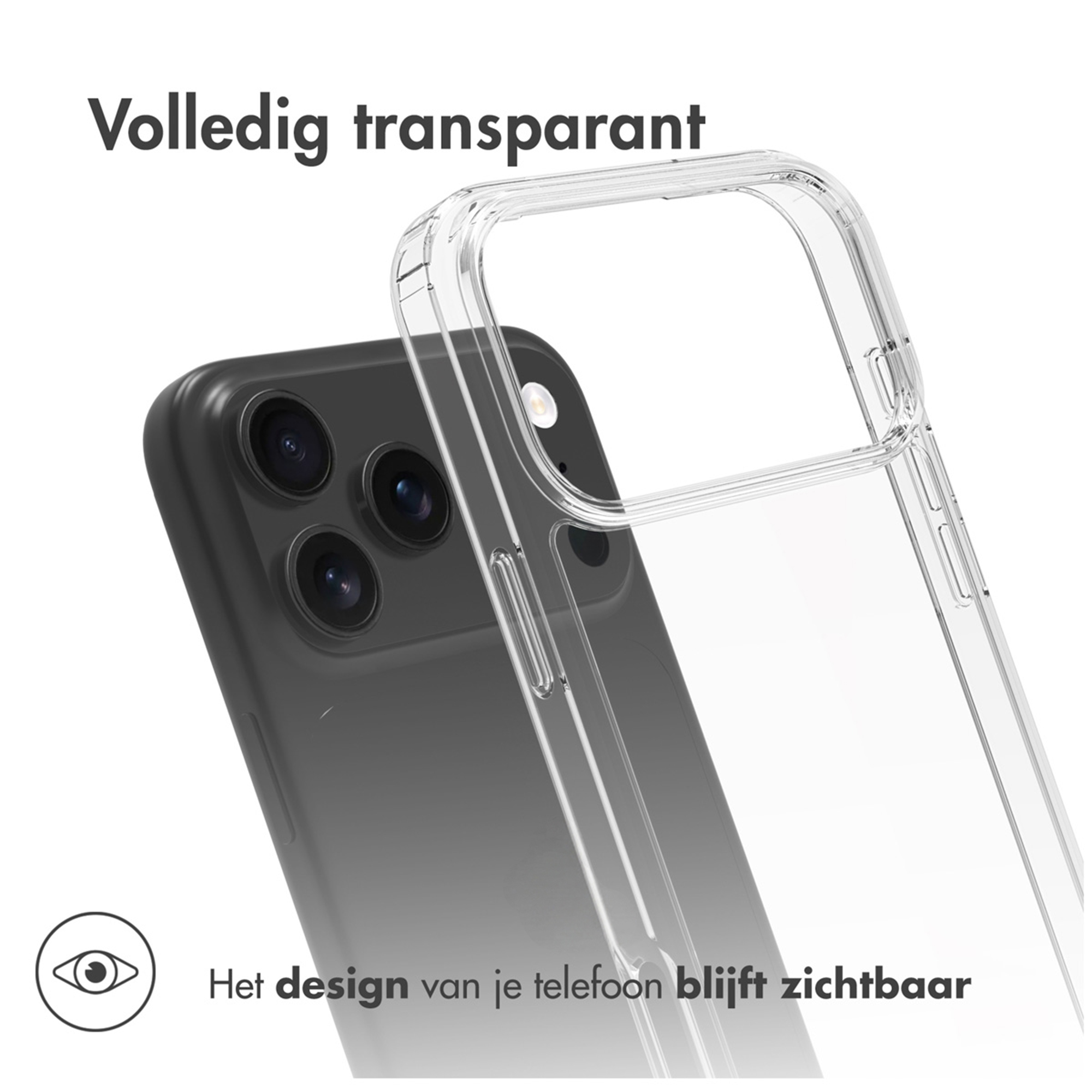 Custodia trasparente sopra uno smartphone scuro con lenti della fotocamera.