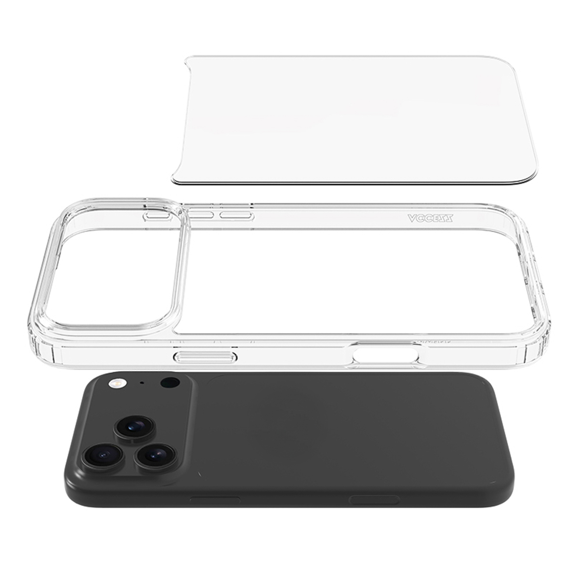 Uno smartphone nero giace sotto una cover trasparente.