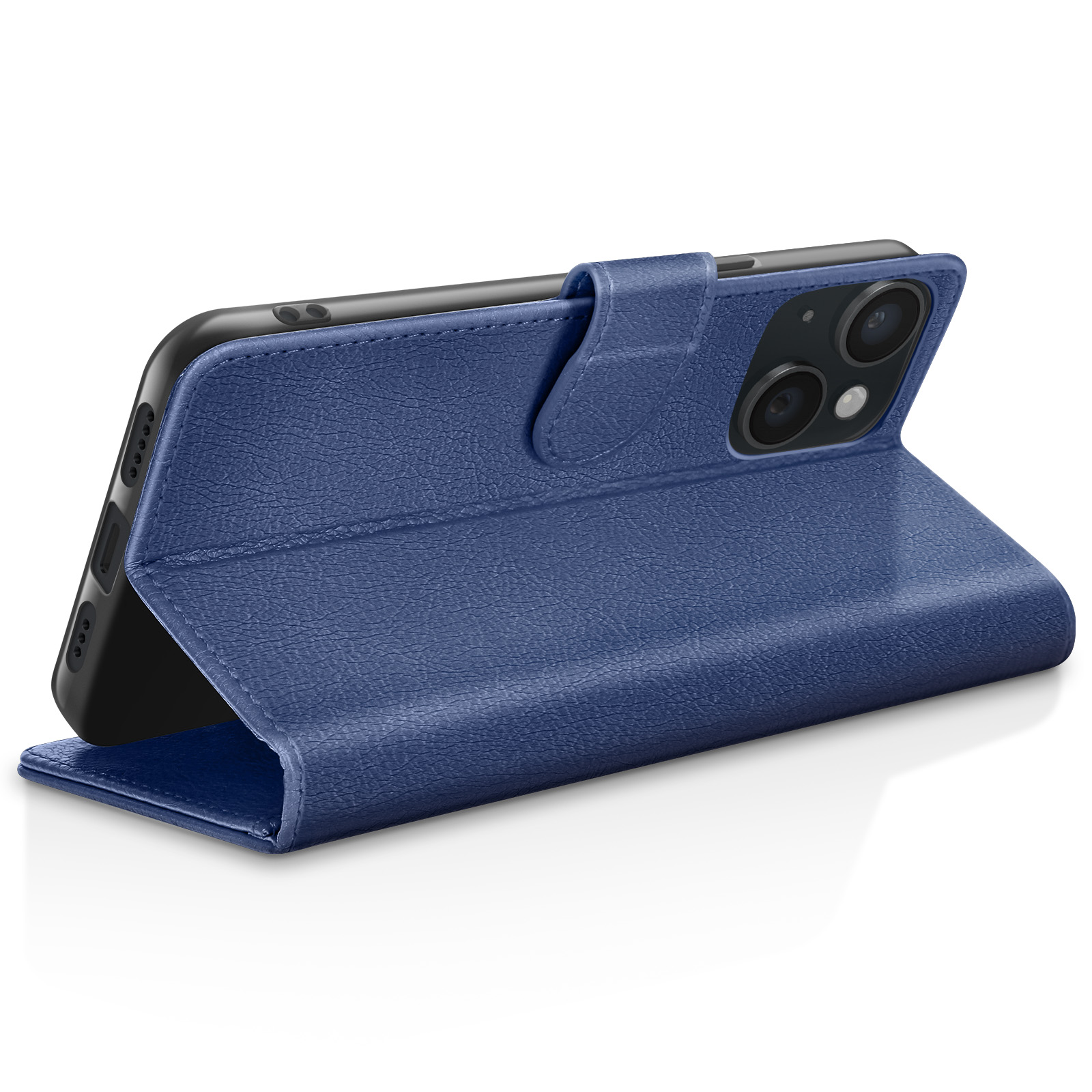 Blue flip phone case showing camera and buttons. Textured surface.