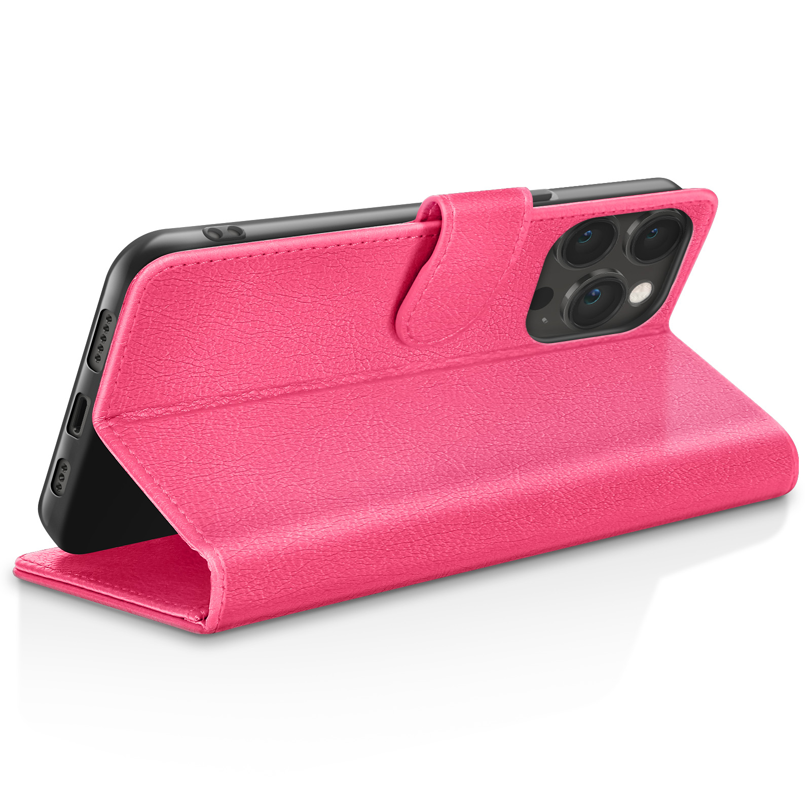 Uno smartphone rosa con unità fotocamera in una custodia in pelle aperta.