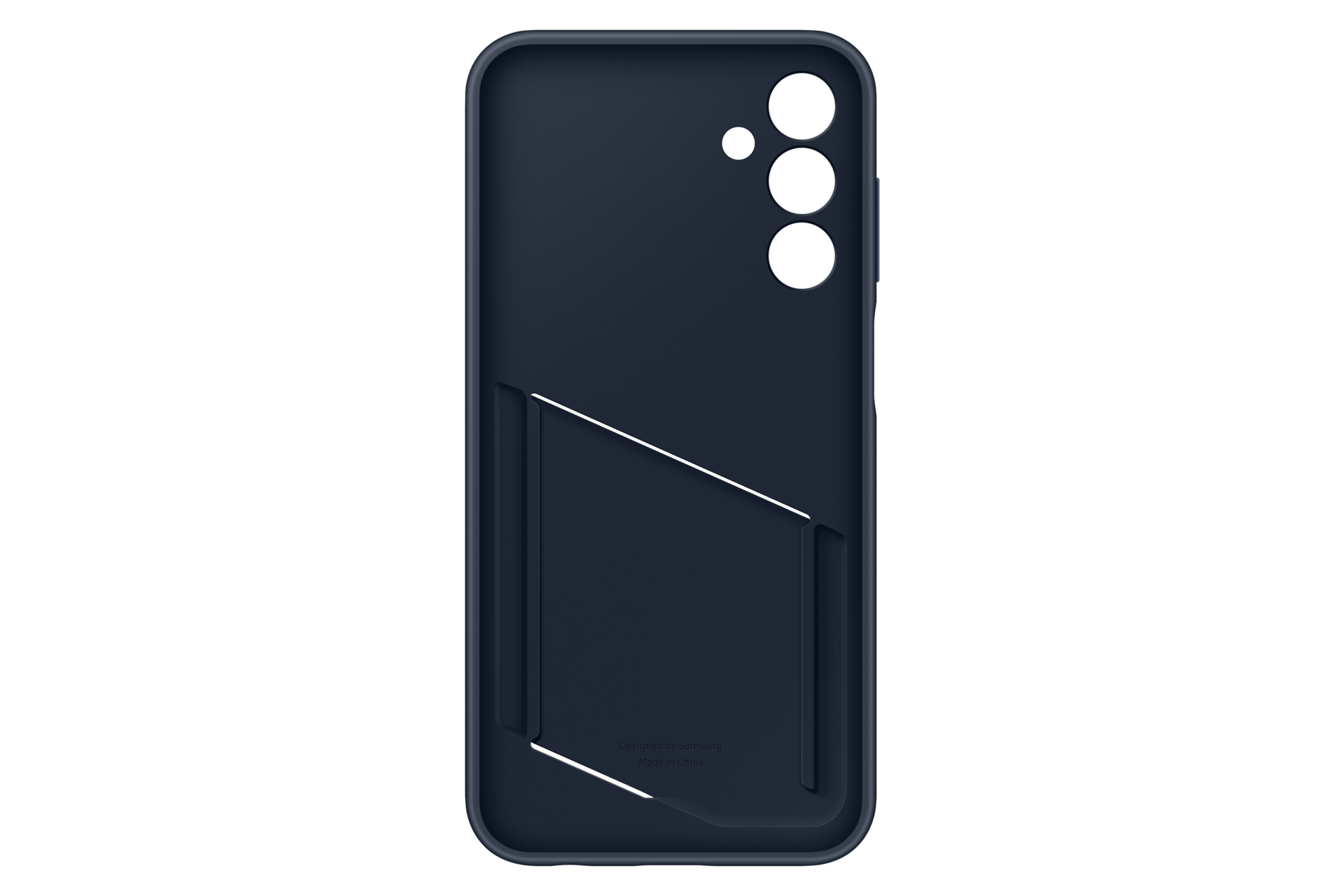 Custodia blu scuro per telefono con slot per carte e ritaglio fotocamera.