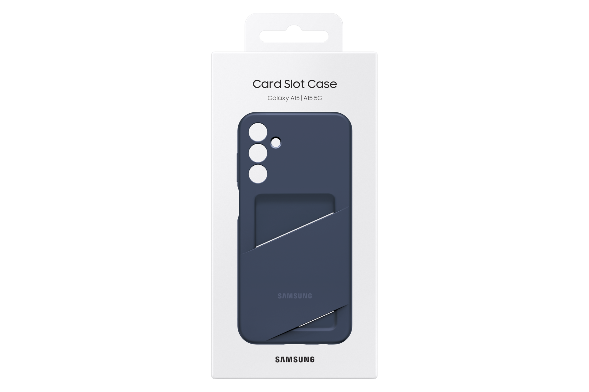 Custodia Samsung con slot per schede Galaxy A15 5G blu scuro, su confezione.