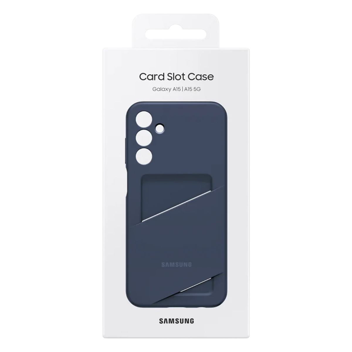 Custodia blu scuro Samsung Galaxy A15 5G con slot per schede in confezione bianca.