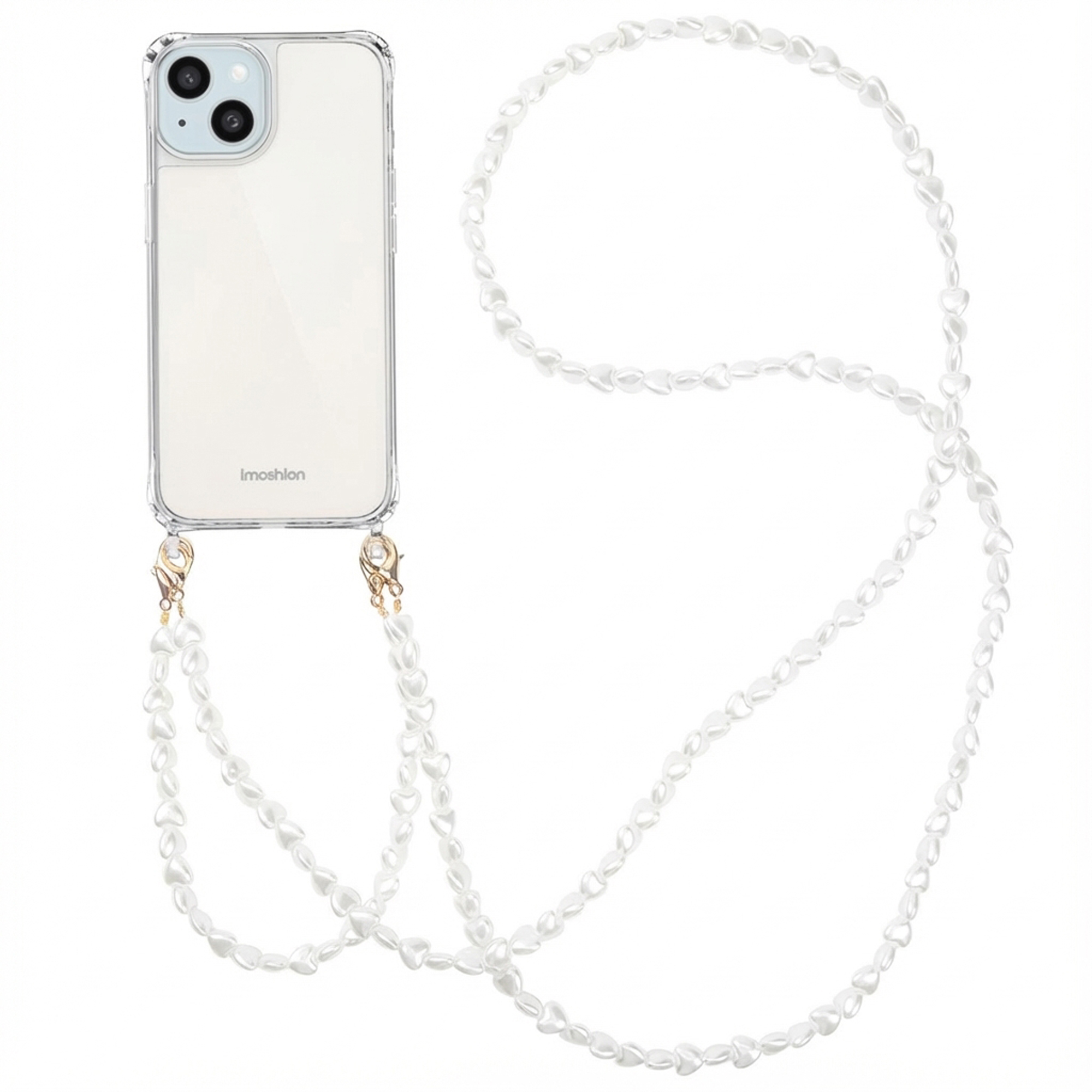 Un telefono trasparente con un cinturino per telefono di perle a forma di cuore.