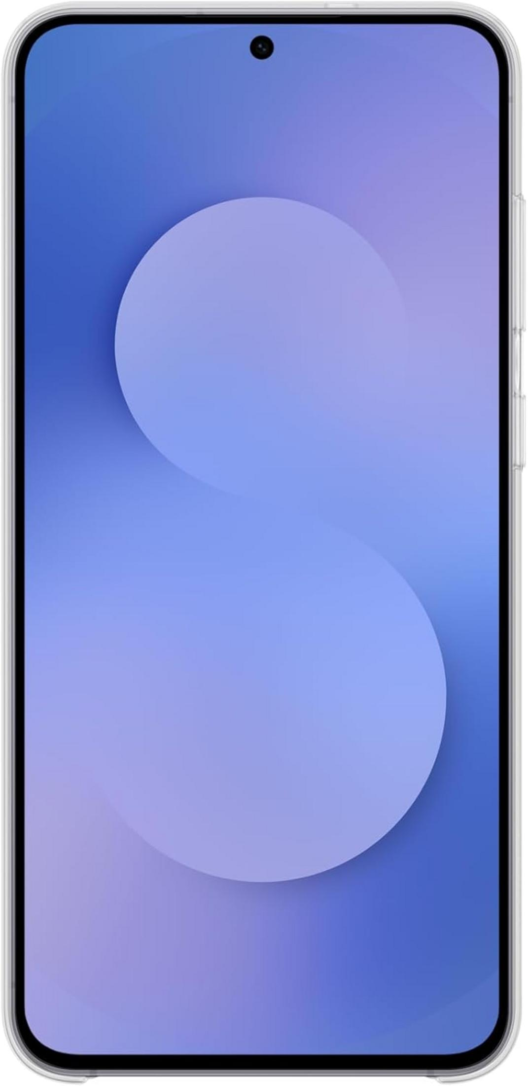 Un smartphone con carcasa transparente y fondo degradado azul.