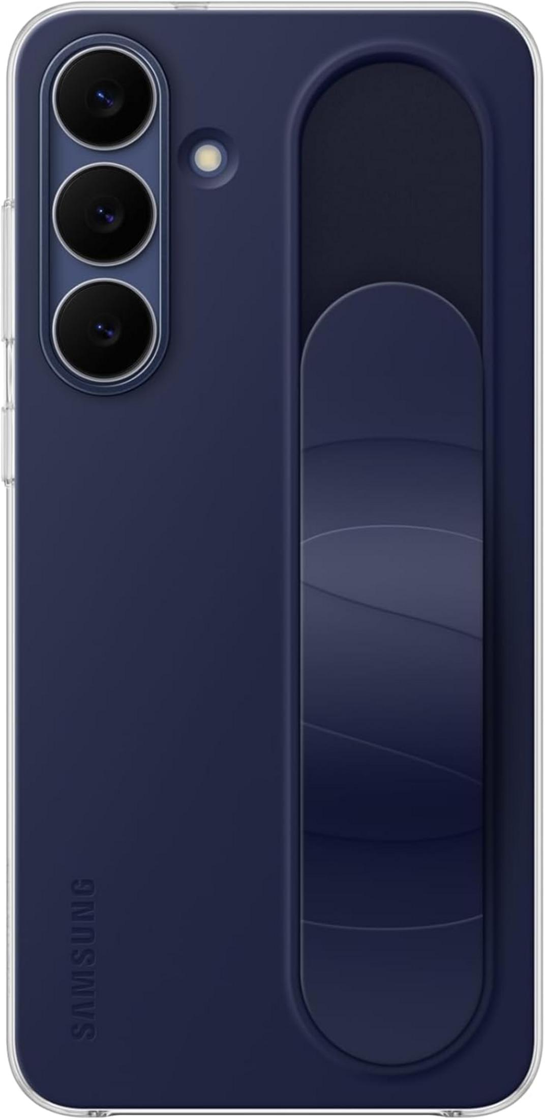 Funda azul oscuro para teléfono con tres lentes de cámara y correa de agarre.