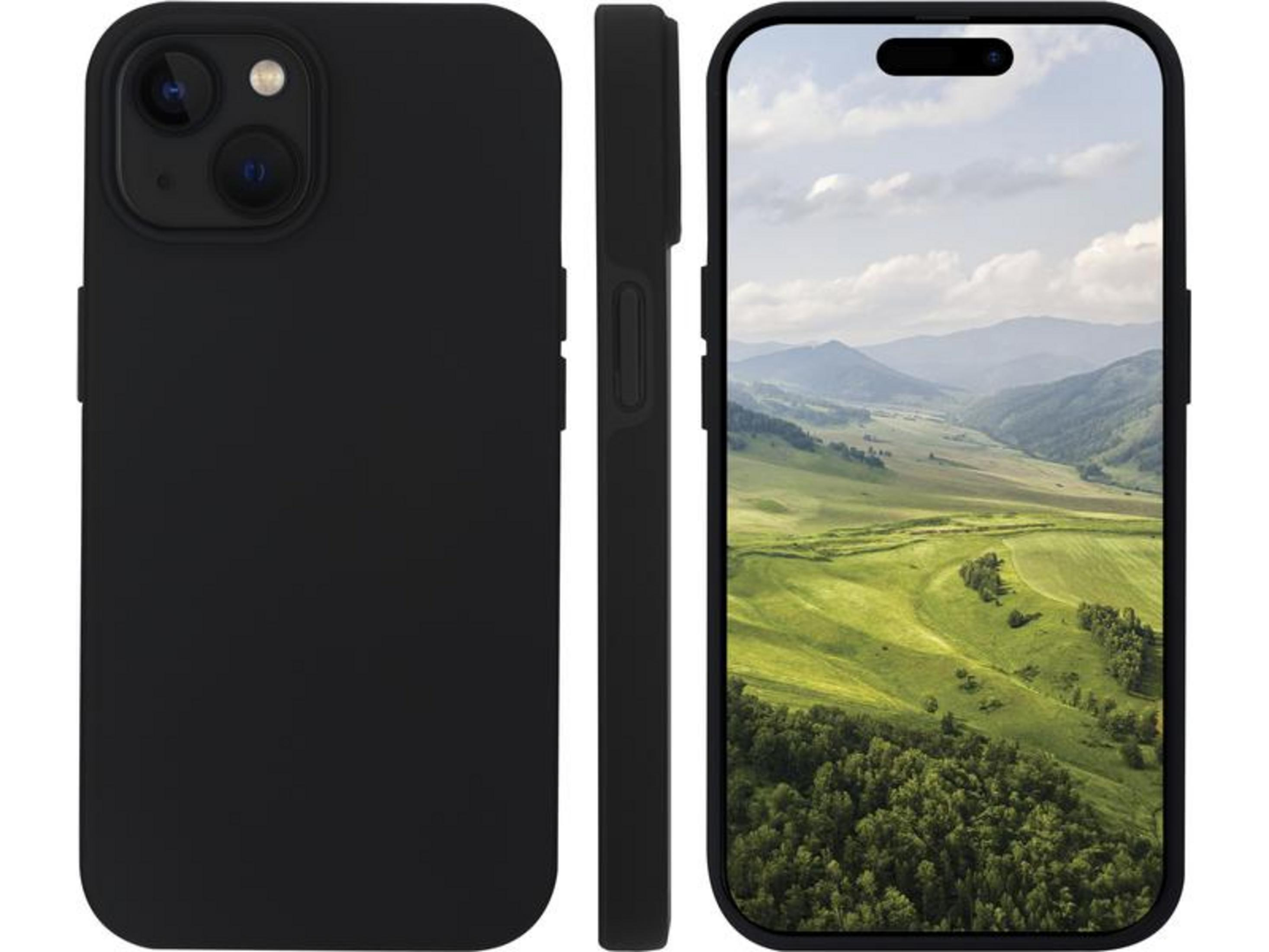 Schwarzes Handy mit Berglandschaft auf dem Bildschirm, von vorne und von der Seite.