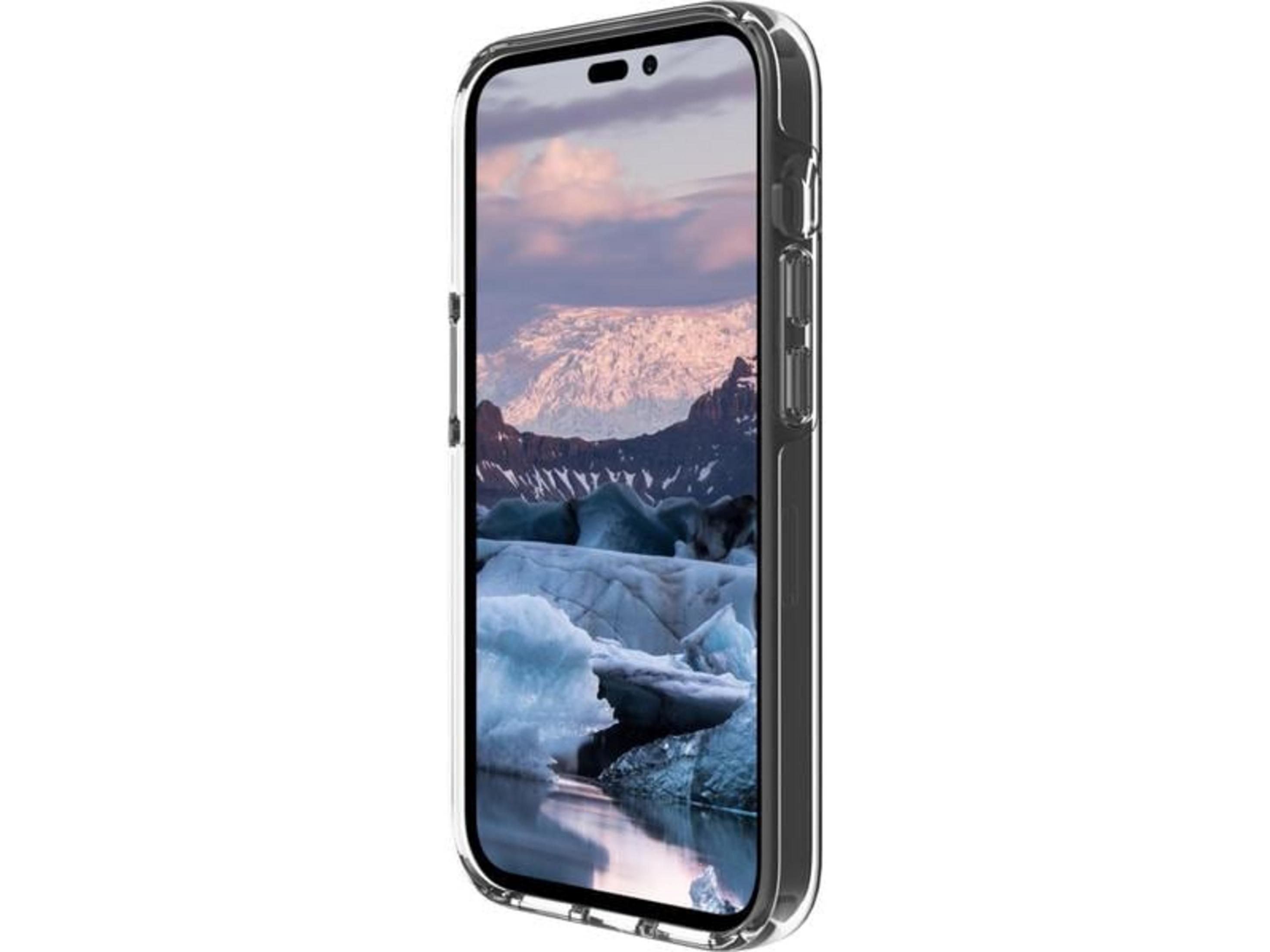 Ein durchsichtiges Handy mit Eisbergen und Bergen auf dem Bildschirm.