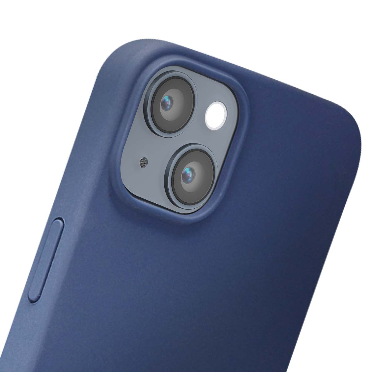 Custodia blu per telefono con ritaglio fotocamera e due lenti.