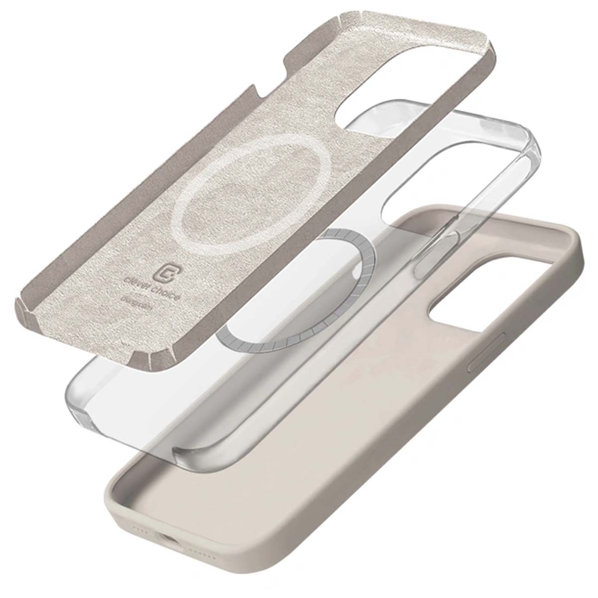 Tre strati di custodia per telefono: esterno in tessuto beige, strato intermedio trasparente, custodia in silicone beige.