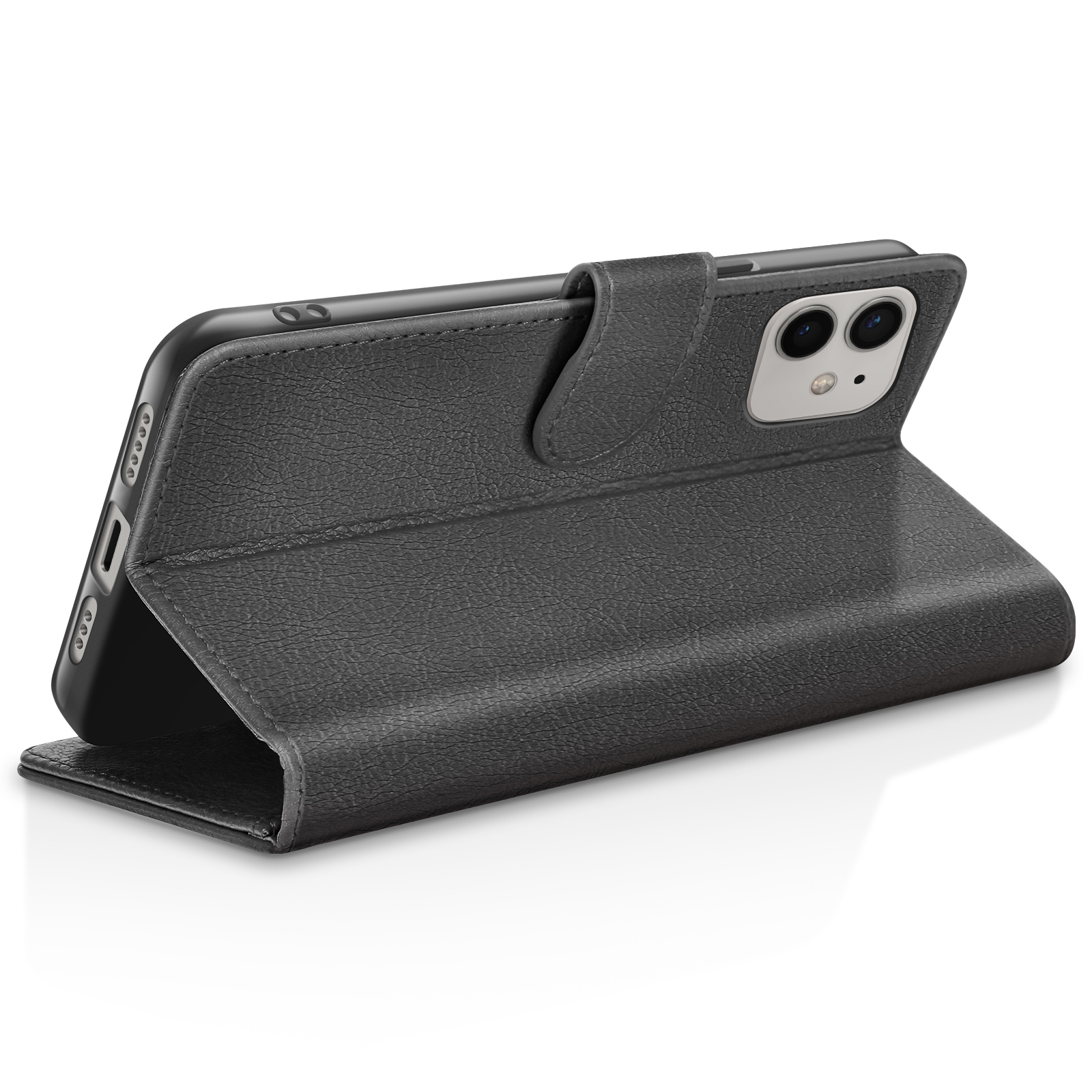 Una custodia in pelle nera per smartphone, aperta in orizzontale.